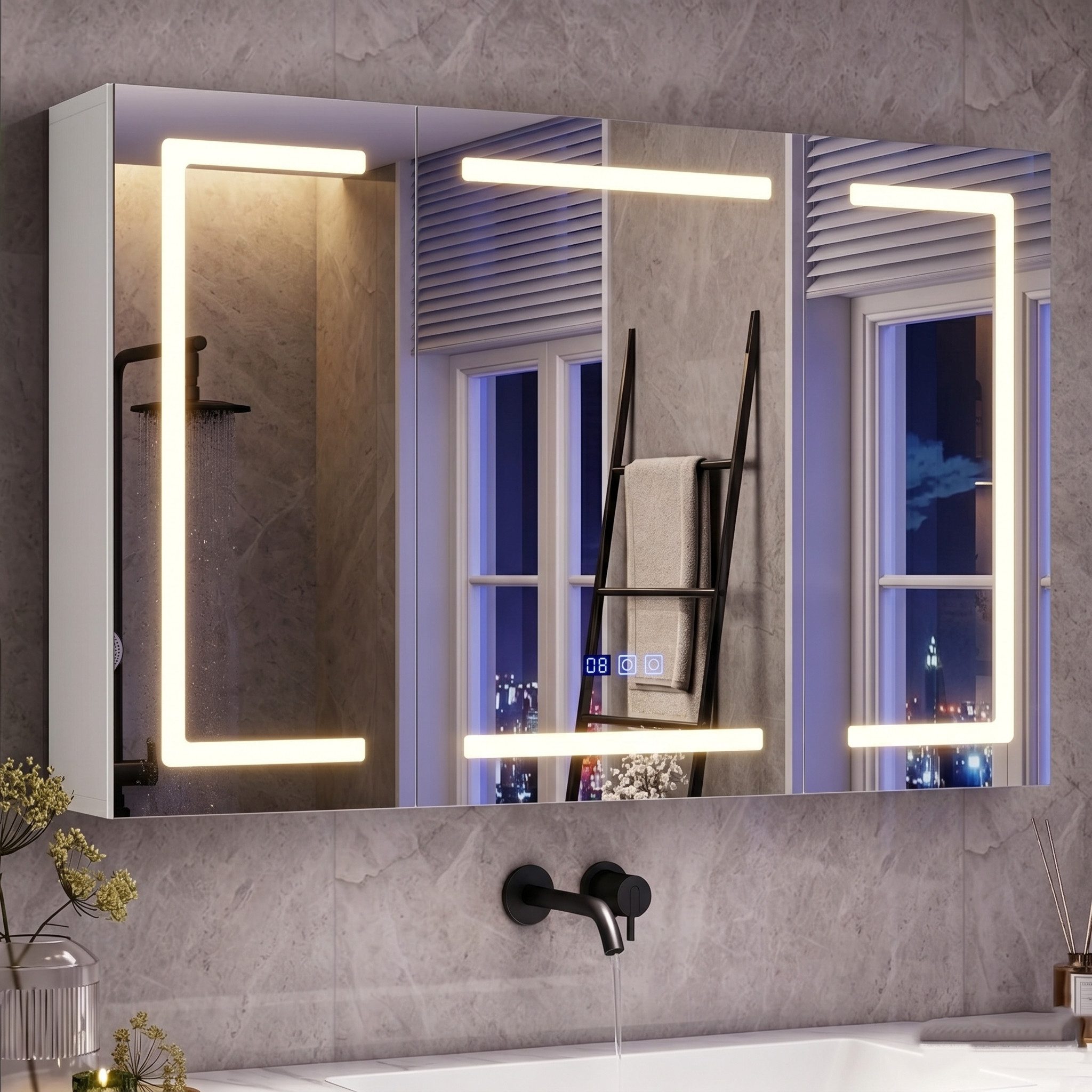 PXloue Badezimmerspiegelschrank Spiegelschrank Doppeltür Hängeschrank 80x60x13.5 cm (Einstellung der warmen und kalten Farbtemperatur 3000/4500/6400K) inkl. LED-Beleuchtung, Stecker, Touchschalter, Beschlagfrei