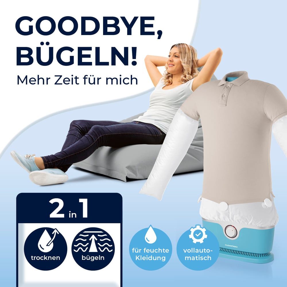 CLEANmaxx Bügelsystem Hemden- und Blusenbügler 1800W blau, 1800 W, Bügelstation Hemd & Blusenbügler schnell trocken & gebügelt
