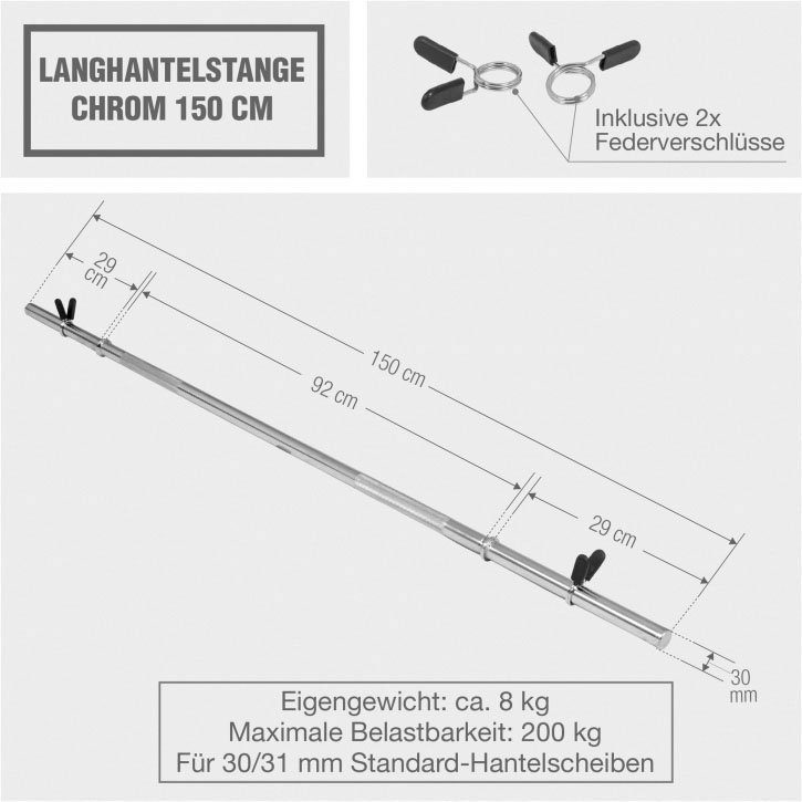 GORILLA SPORTS Langhantelstange Langhantelstange Chrom (1 cm inkl.: 2 Langhantelstange x 150 cm, x (100066), Federverschluss) Chrom, 150