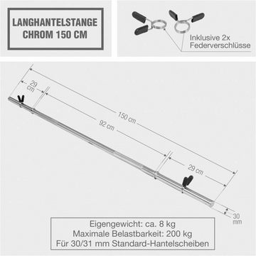 GORILLA SPORTS Langhantelstange Langhantelstange Chrom 150 cm, Chrom, 150 cm (1 x Langhantelstange (100066), inkl.: 2 x Federverschluss)