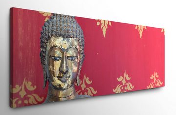 möbel-direkt.de Leinwandbild Bilder XXL Buddhafigur vor roter Wand Wandbild auf Leinwand