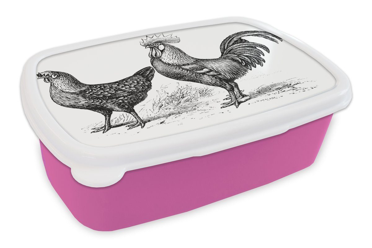 Hahns Mädchen, Kunststoff, und eines Brotbox Huhns in (2-tlg), und rosa eines Lunchbox Kinder, Snackbox, Erwachsene, Weiß, Schwarz Illustration MuchoWow für Kunststoff Brotdose
