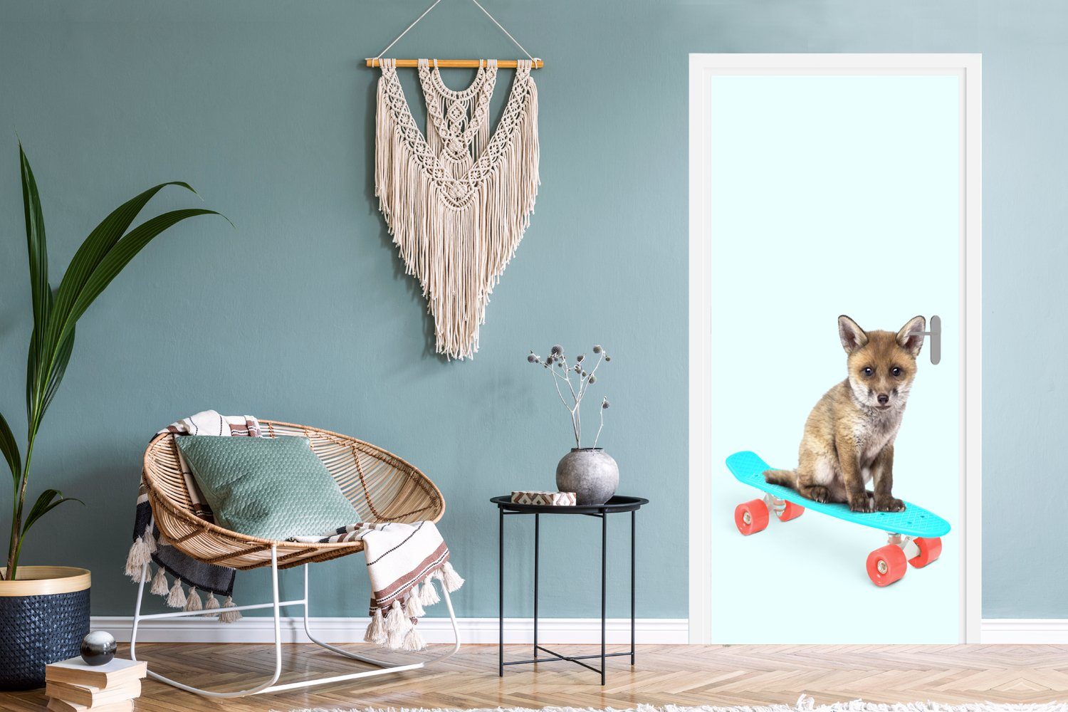 Türaufkleber, - Tiere Matt, bedruckt, Skateboard Fuchs cm - MuchoWow für Tür, Blau, Türtapete - (1 St), Fototapete 75x205