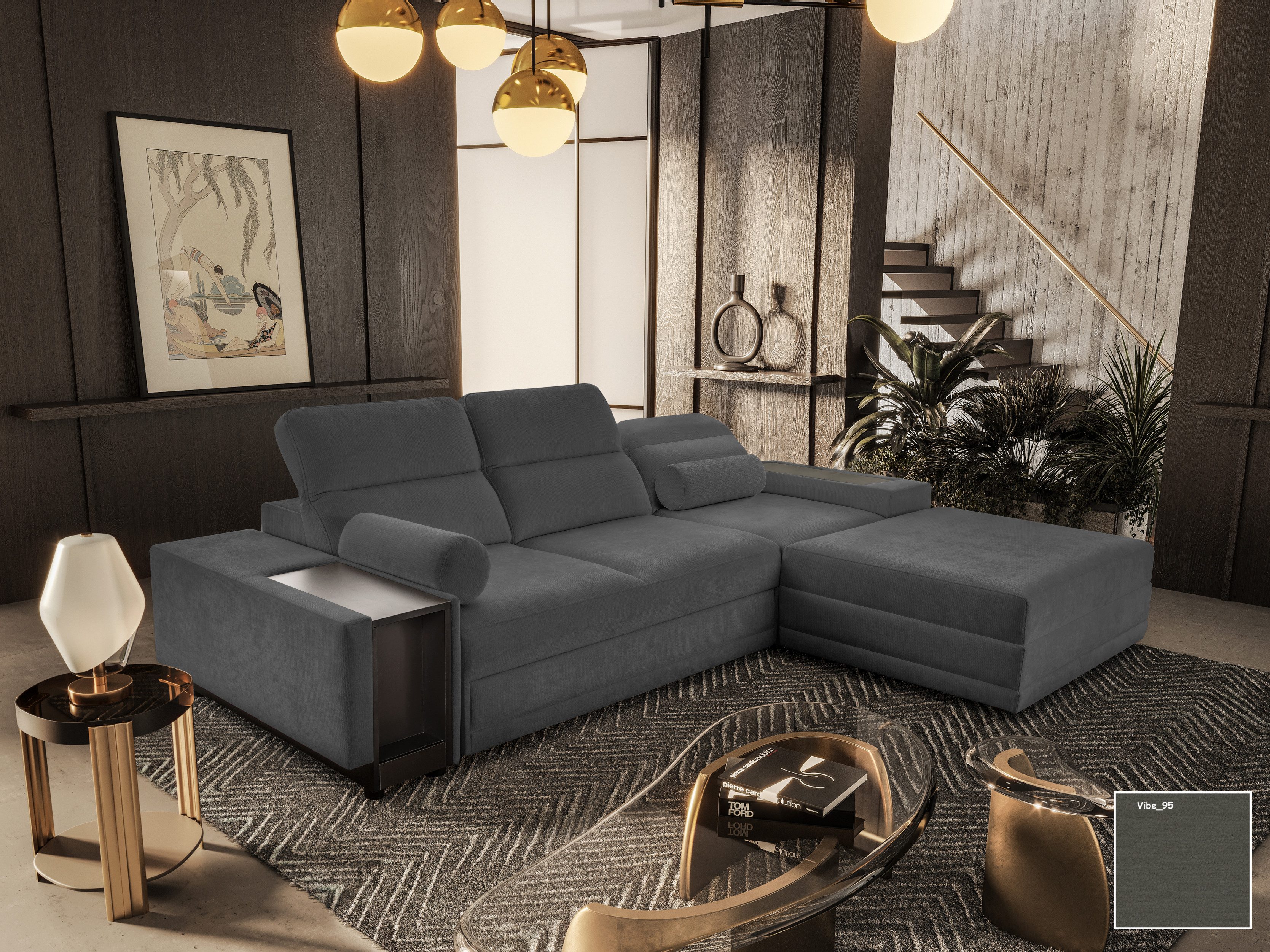 Möbel für Dich Ecksofa Enzo 1 als L-Sofa oder Sofa mit freistehendem Hocker aufstellbar, mit Schlaffunktion, Bettkasten, Minibar und verstellbaren Kopfstützen