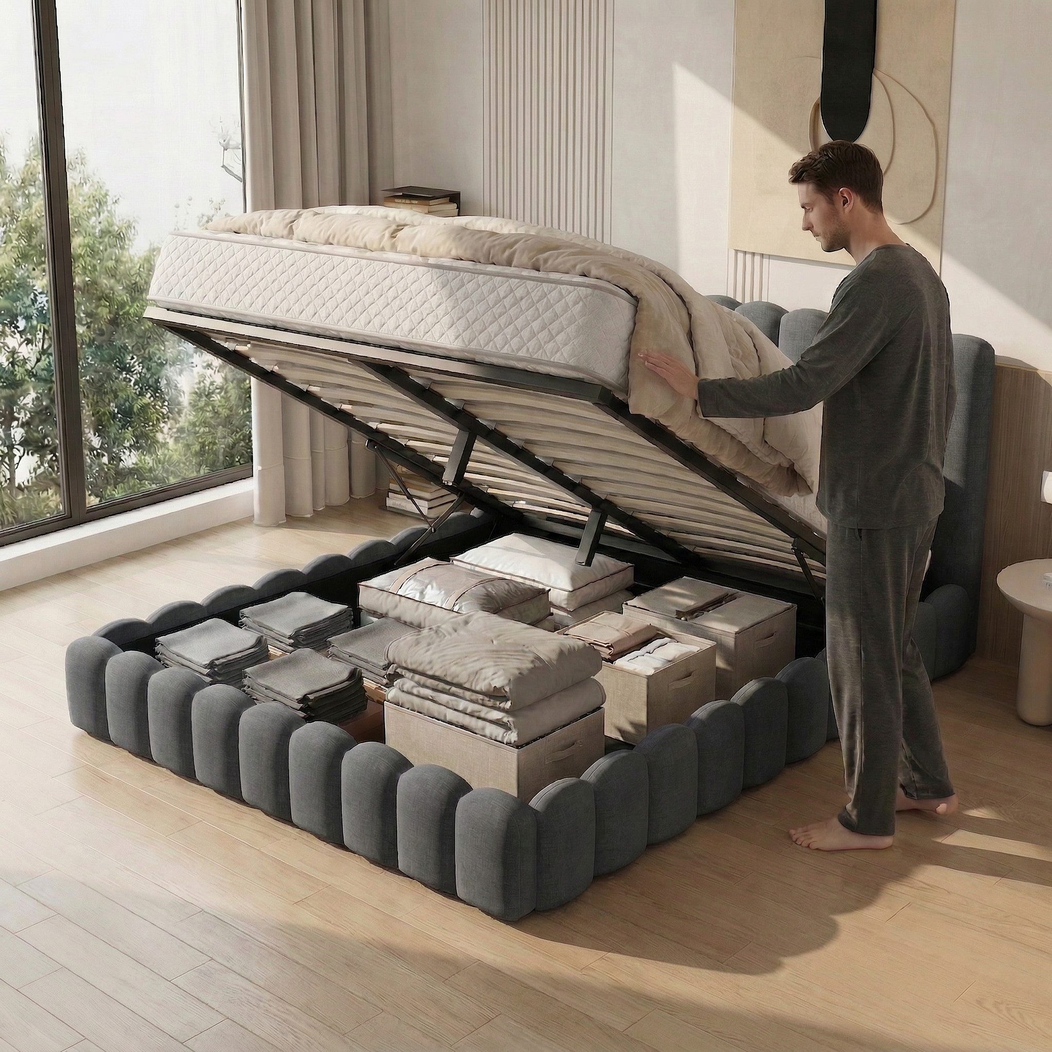 Gdood Polsterbett Stauraumbett Doppelbett LED, Leinenstoff (1-tlg., Type-C + USB, Hydraulisch hebbarer Stauraum), Mit Bettkasten, LED-Beleuchtung, USB-Anschluss, 140x200 cm