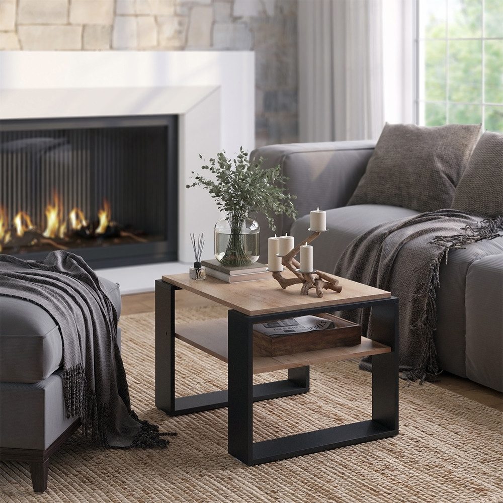 Vicco Couchtisch Helm, Goldkraft Eiche/Schwarz, 65.6 x 55,8 cm mit Ablage