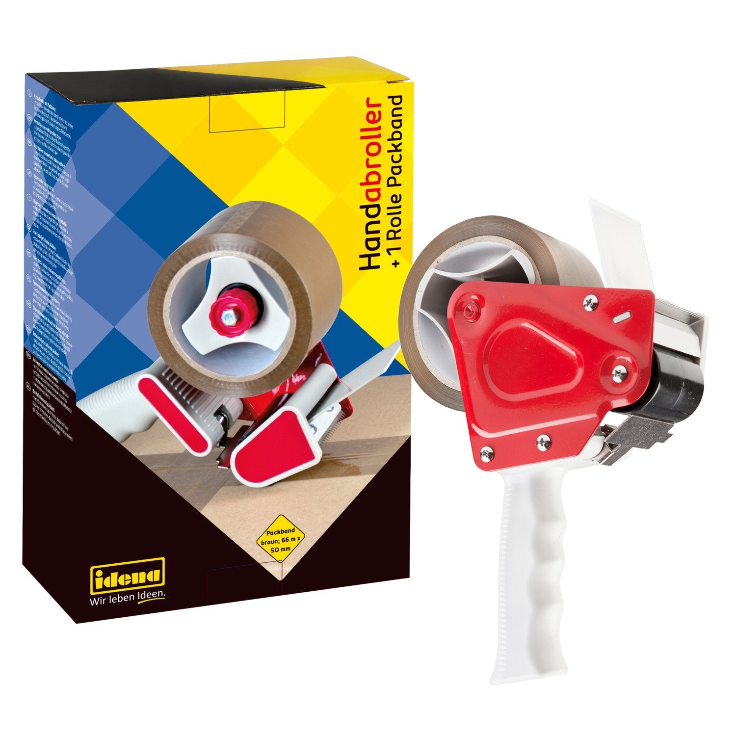 Klebeband Idena 631049 - Paketbandabroller Set, Handabroller für 66 m x 50 mm