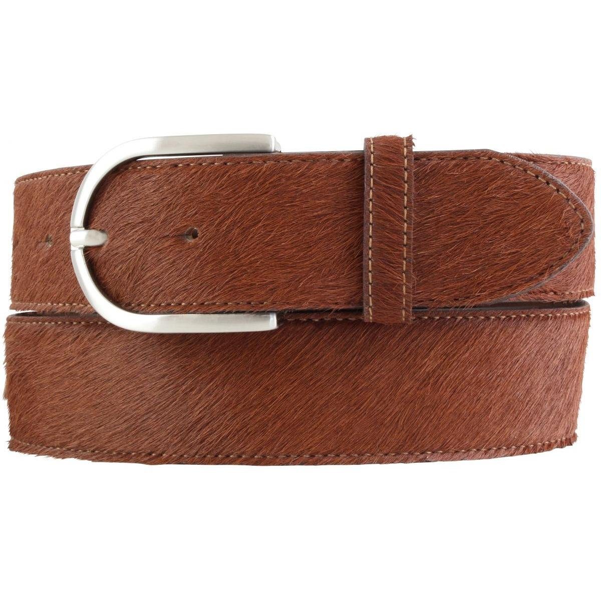 BELTINGER Ledergürtel Damen-Gürtel mit echtem Fell 4 cm - Fell-Gürtel für Damen 40mm - Kuh-L Braun, Silber