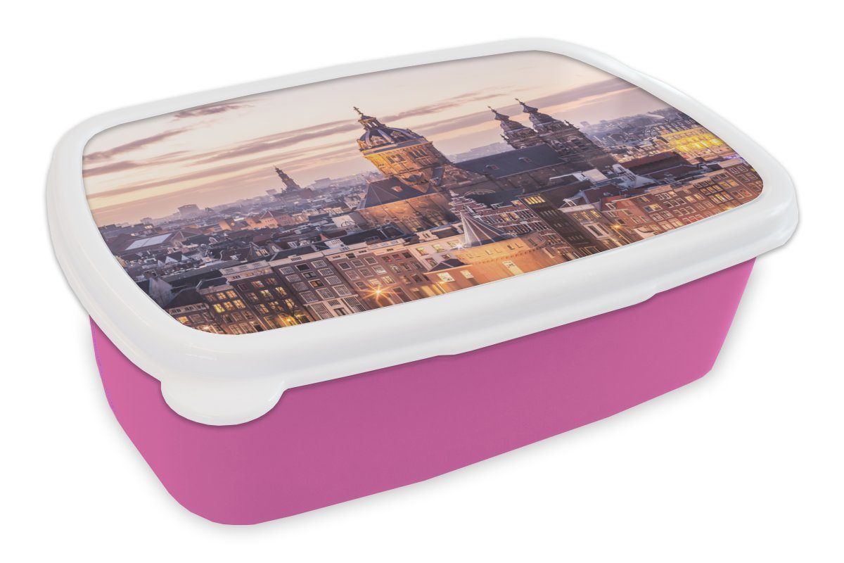 MuchoWow Lunchbox Amsterdam - Zentrum - Architektur., Kunststoff, (2-tlg), Brotbox für Erwachsene, Brotdose Kinder, Snackbox, Mädchen, Kunststoff rosa