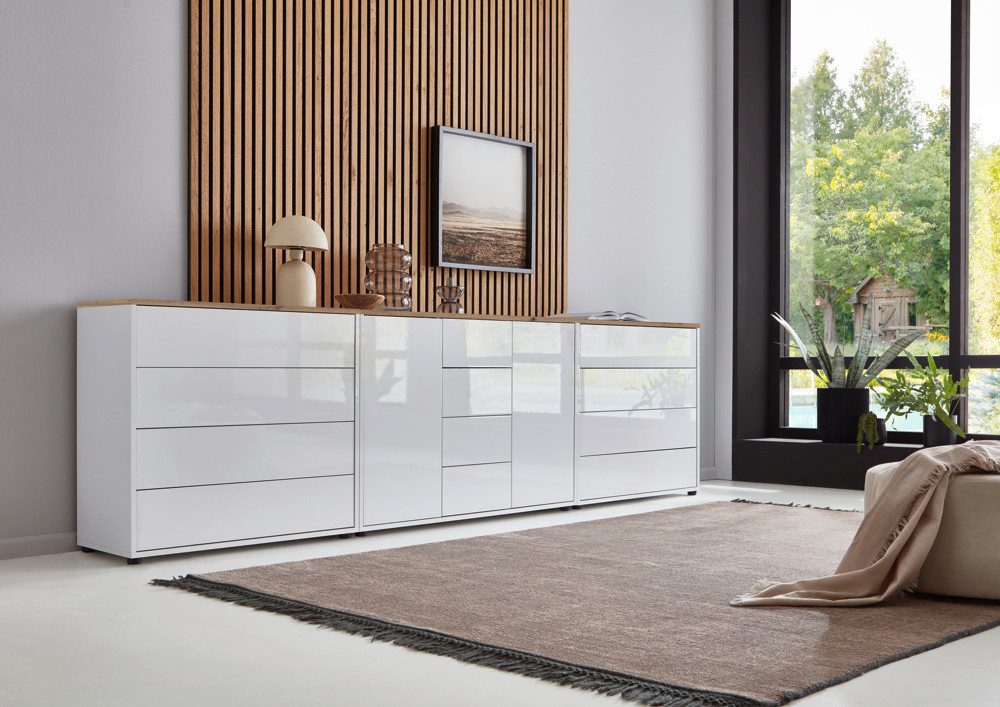 BMG Möbel Kommode Sideboard Mailand Set 12 in verschiedenen Ausführungen (3tlg), mit weiß lackierten Hochglanzfronten und Push-to-open-Funktion