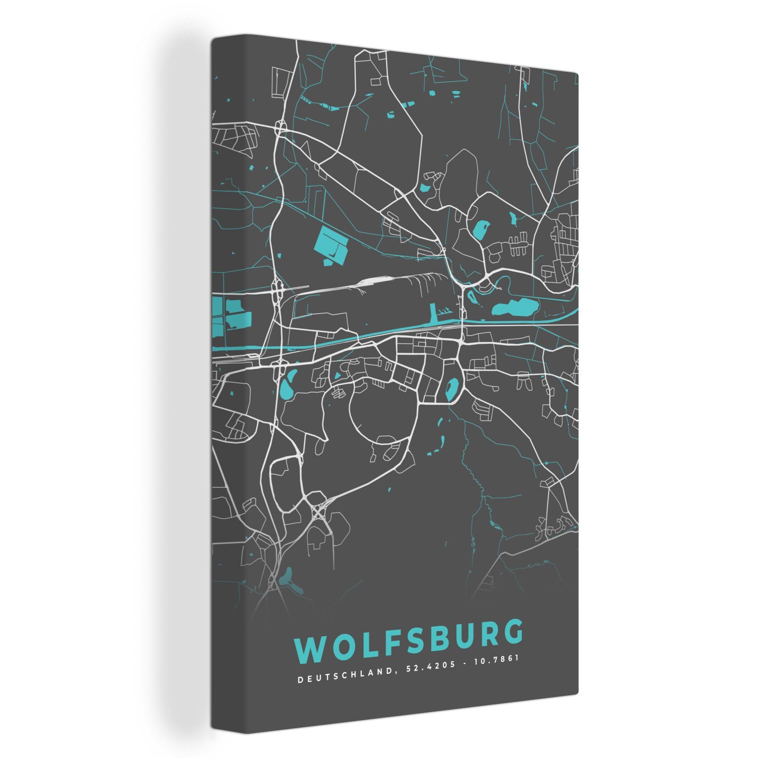 OneMillionCanvasses® Leinwandbild Stadtplan - Karte - Wolfsburg - Blau - Deutschland - Karte, (1 St), Leinwandbild fertig bespannt inkl. Zackenaufhänger, Gemälde, 20x30 cm