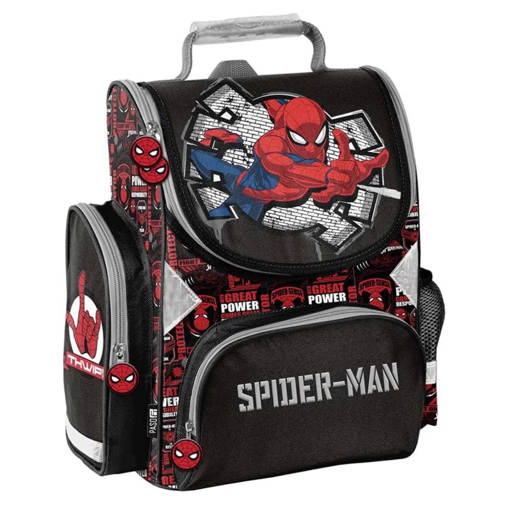 GOLDKIDS Schulranzen für Jungen und Mädchen, 4er-Set - Schul-Rucksack für Kinder (mit Federmäppchen - Schuhbeutel und, 1-tlg., Hausaufgabenheft - Spider-Man Motiv - 1-3), Klasse