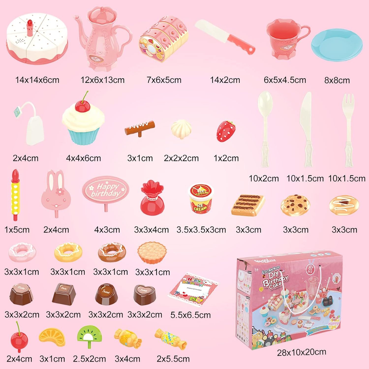 Kramow Spiellebensmittel 82-teiliges Geburtstags- und Kuchen-Set für Kinder ab 3 Jahren, (DIY-Kuchen- und Party-Set mit Musik für kreative Kinder, 82-tlg., 82-teiliges Kuchen-Dessert-Set für Rollenspiele und Geburtstagsfeiern), Mit 82 Teilen und „Happy Birthday“-Musik für kreative Rollenspiele
