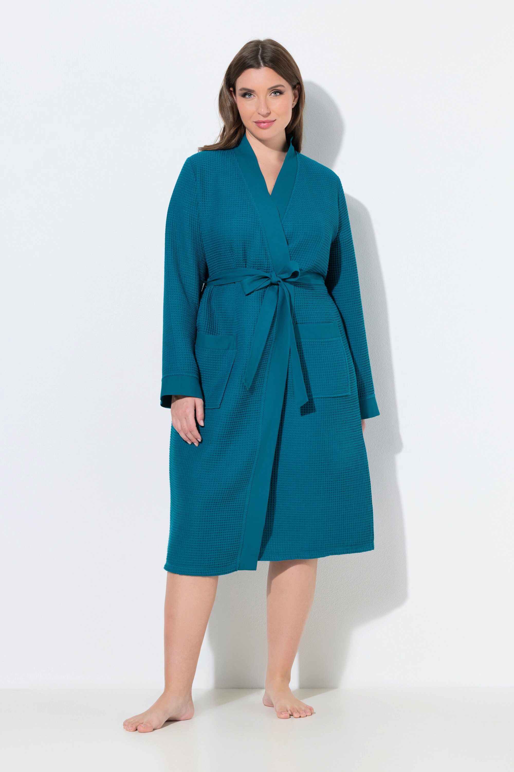 Ulla Popken Bademantel Bademantel Schalkragen Gürtel Waffelpiqué Langarm, Langform, Materialmix