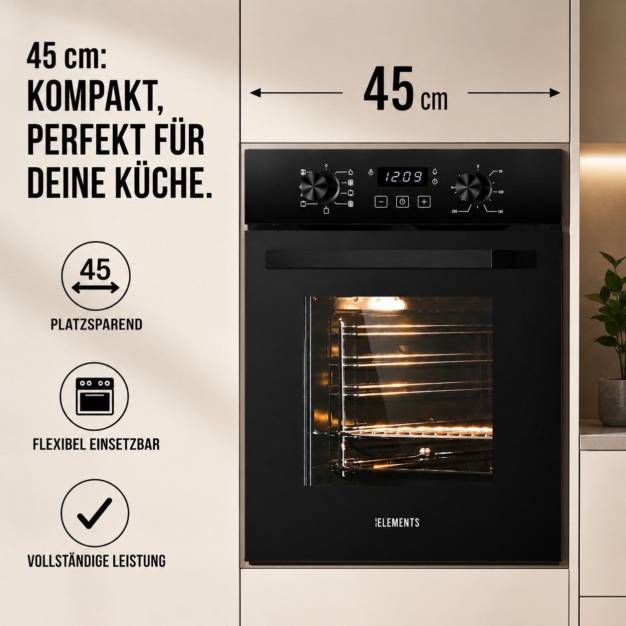 KB Elements Einbaubackofen 45 cm Einbaubackofen 50 Liter 9 Funktionen Aqua Clean Pop-Up A+, AQUA CLEAN, Aqua Clean, Circle Fan Heater, 3 Fach Verglasung