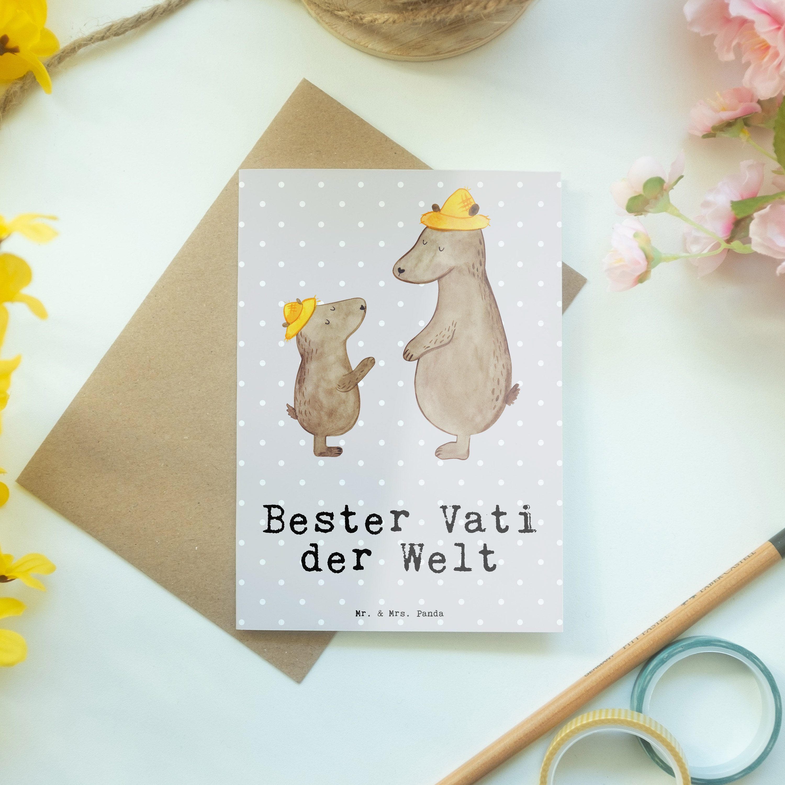 Mr. & Mrs. Panda Grußkarte Welt Grau Famil Geschenk, der Bester - Vati Bär Dankeschön, Pastell 