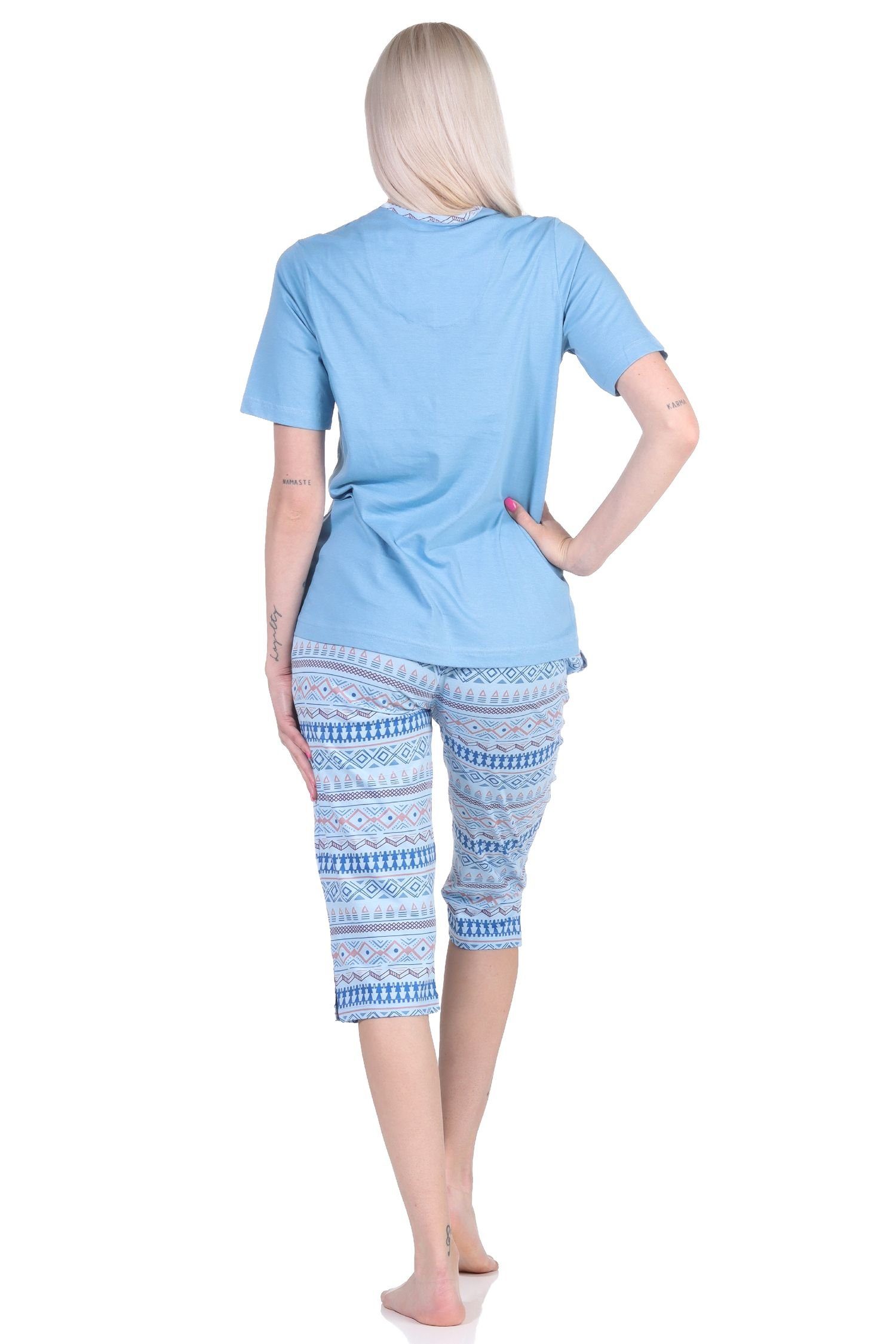 Normann Pyjama Damen kurzarm Schlafanzug Caprihose mit hellblau im Ethnolook