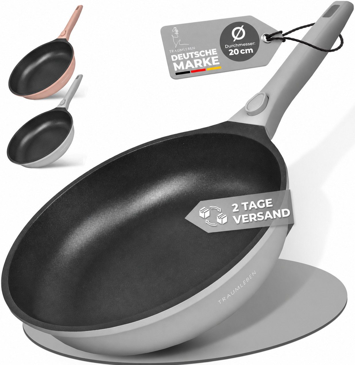 TRAUMLEBEN Bratpfanne Antihaftbeschichtung, Induktion, abnehmbarer Griff, backofenfest, Aluminium, Beschichtete Pfanne