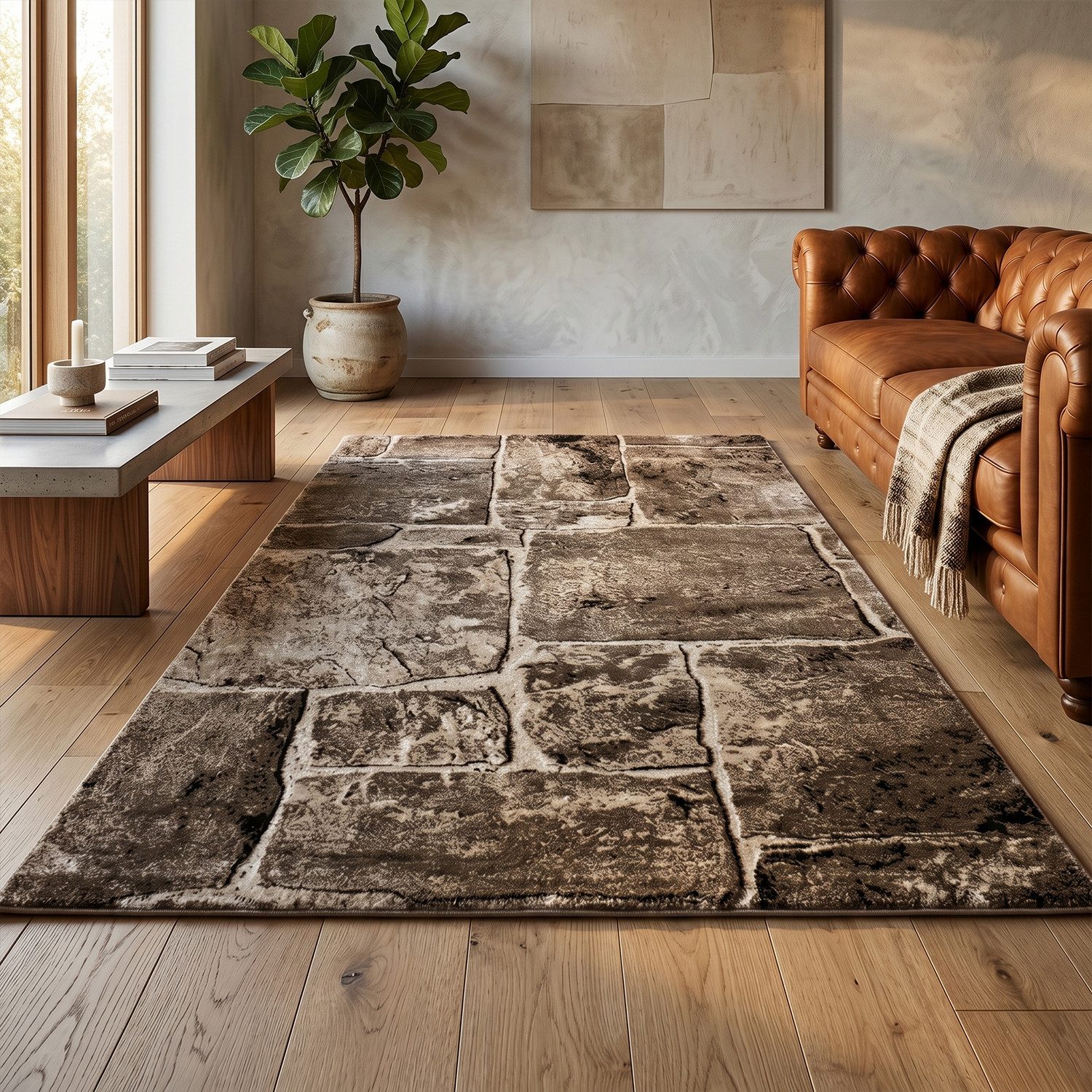 Vimoda Teppich Teppichwohnzimmer Motiv Granit Optik dicht, weich, Rechteckig, Höhe: 11 mm, Läufer Stein Mauer Optik in Beige Braun