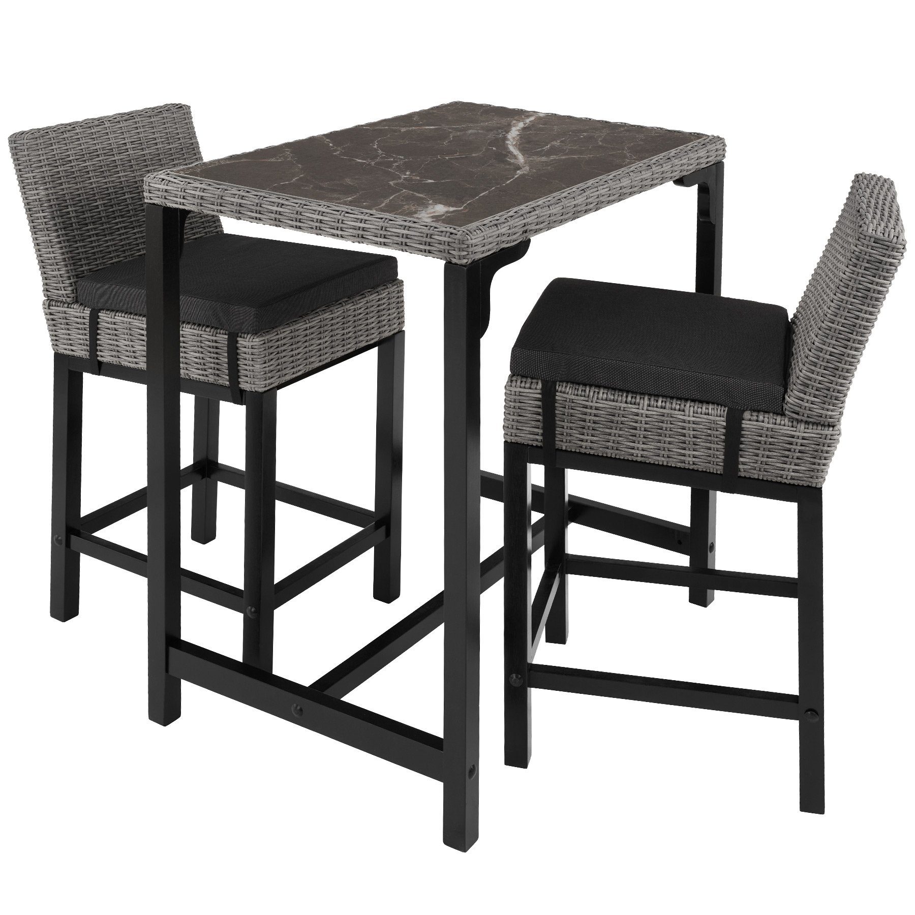 tectake Sitzgruppe Rattan Bartisch Kutina mit 2 Stühlen Latina, (Set, 3-tlg) grau