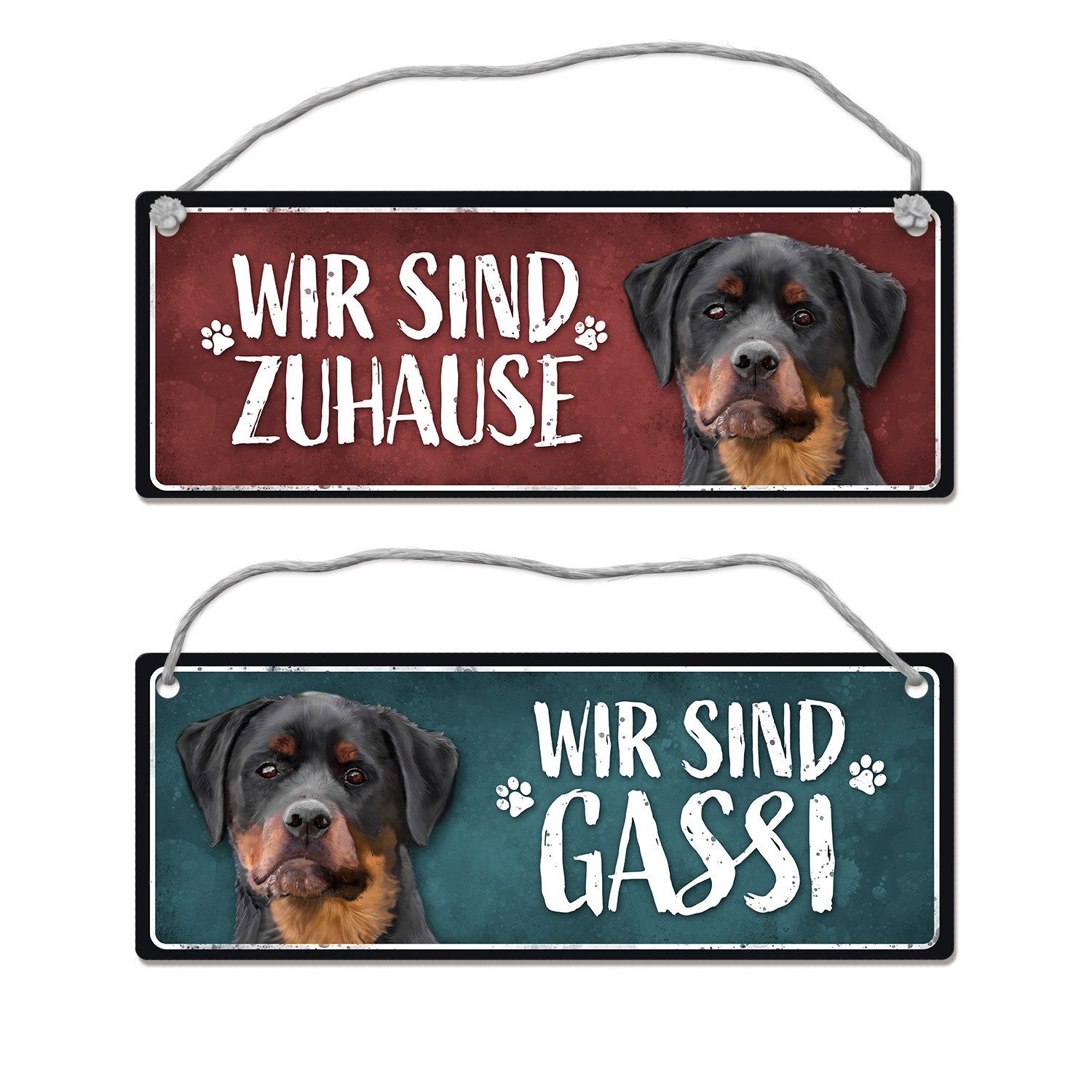 Metallschild Wir sind Gassi/Zuhause Rottweiler Wendeschild mit Kordel Schild