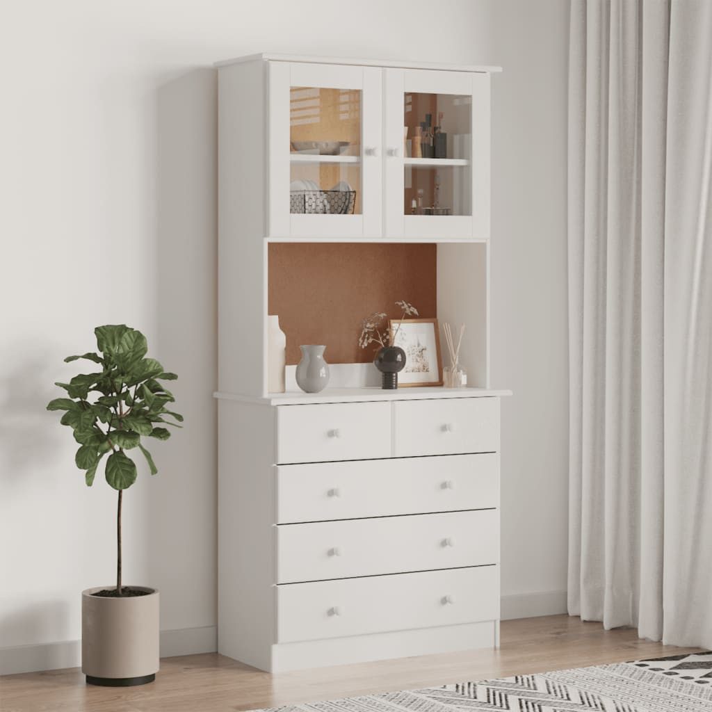 furnicato Highboard aus massivem Kiefernholz Weiß 77 x 35 x 165 cm (1 St), Rustikaler Hochschrank mit Glastüren, Schubladen und viel Stauraum