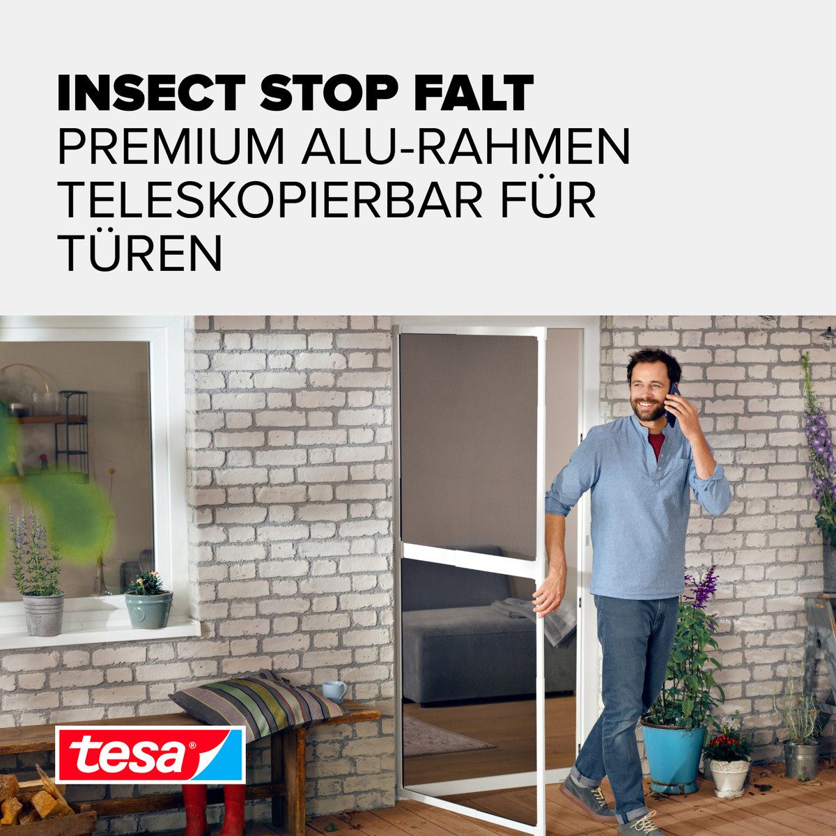 tesa Insektenschutz-Tür FALT Alu Rahmen teleskopierbar Premium für Türen, (Packung, 1-St., Teleskop Alu Rahmen), Alu Insektenschutz 80 cm x 170 cm bis 100x cm x 220 cm