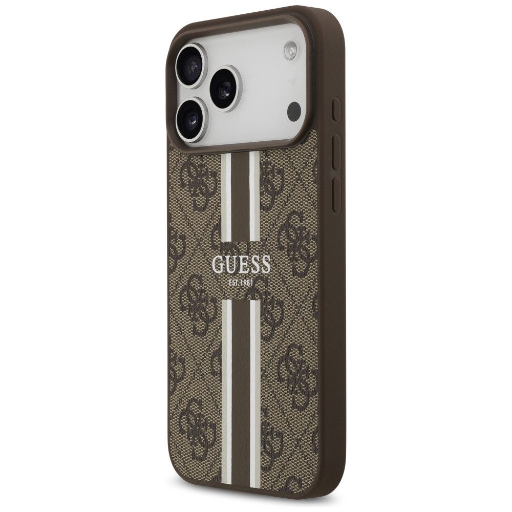 Guess Handyhülle Case iPhone 17 Pro Max MagSafe Kunstleder braun Logo Streifen 6,9 Zoll, Kantenschutz