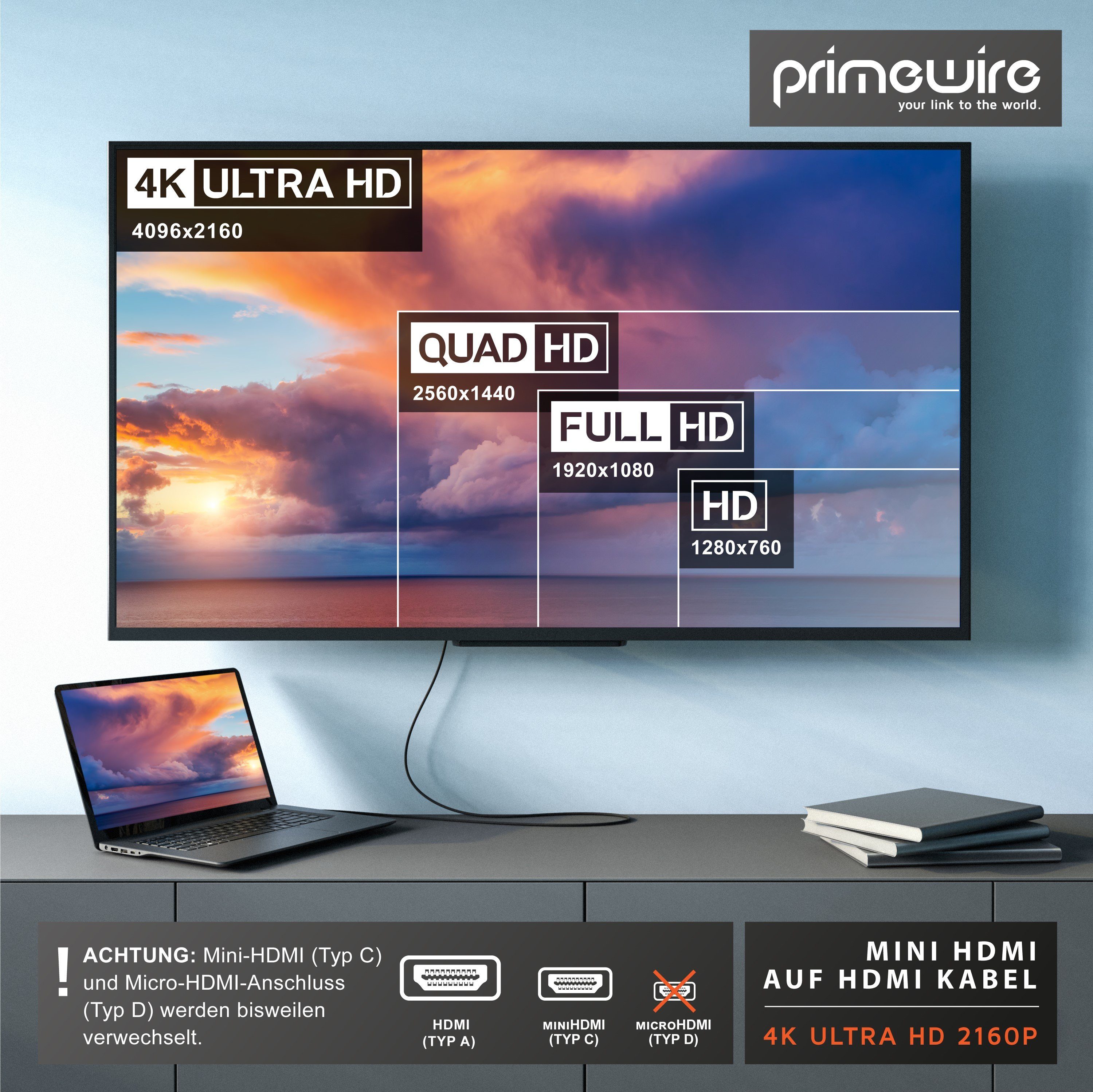 Primewire 4K HDMI auf Mini HDMI Adapterkabel 3840 x 2160 @ 60 Hz - 3m HDMI-Kabel, HDMI Typ C (Mini), HDMI Typ A (300 cm), Ultra High Speed, eARC, HDCP, ideal fü – Bild 5 von 5