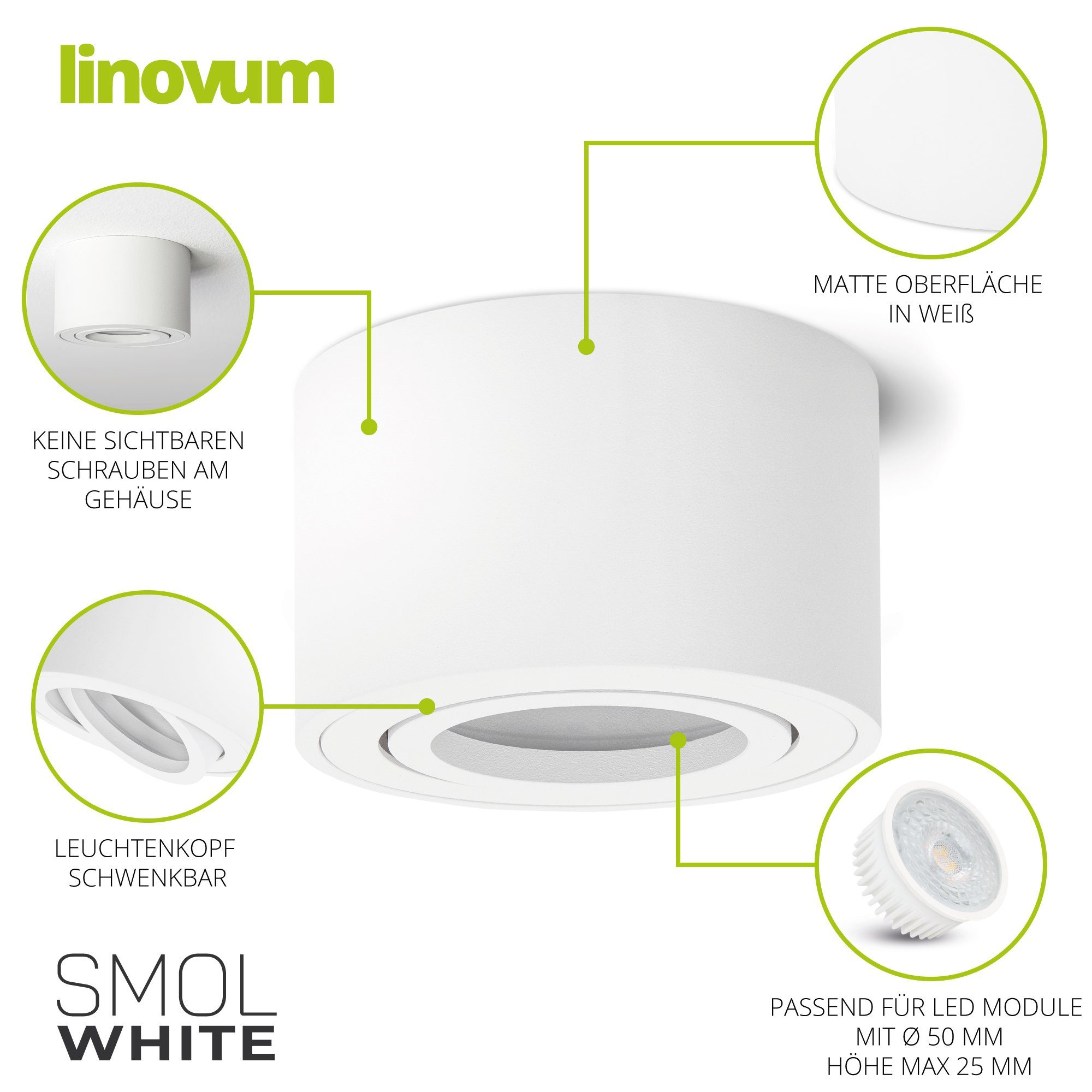 linovum LED Leuchtmittel inklusive nicht SMOL Decken-Aufbauspot, Schwenkbare Leuchtmittel inklusive, - Aufbaustrahler nicht weiss matt Aufbauleuchten