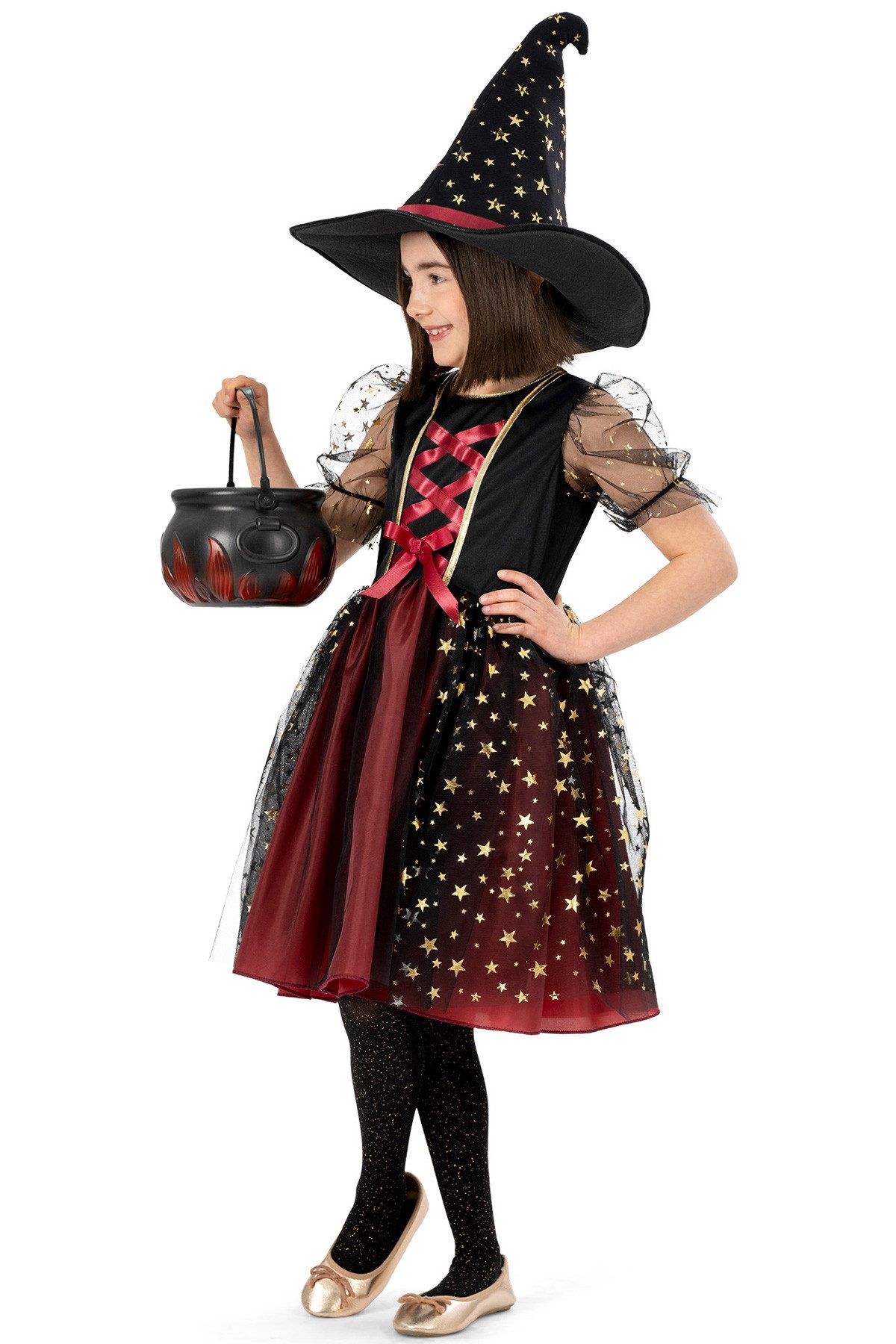 Funny Fashion Hexen-Kostüm Hexenkostüm 'Gloria' für Mädchen, Schwarz Rot