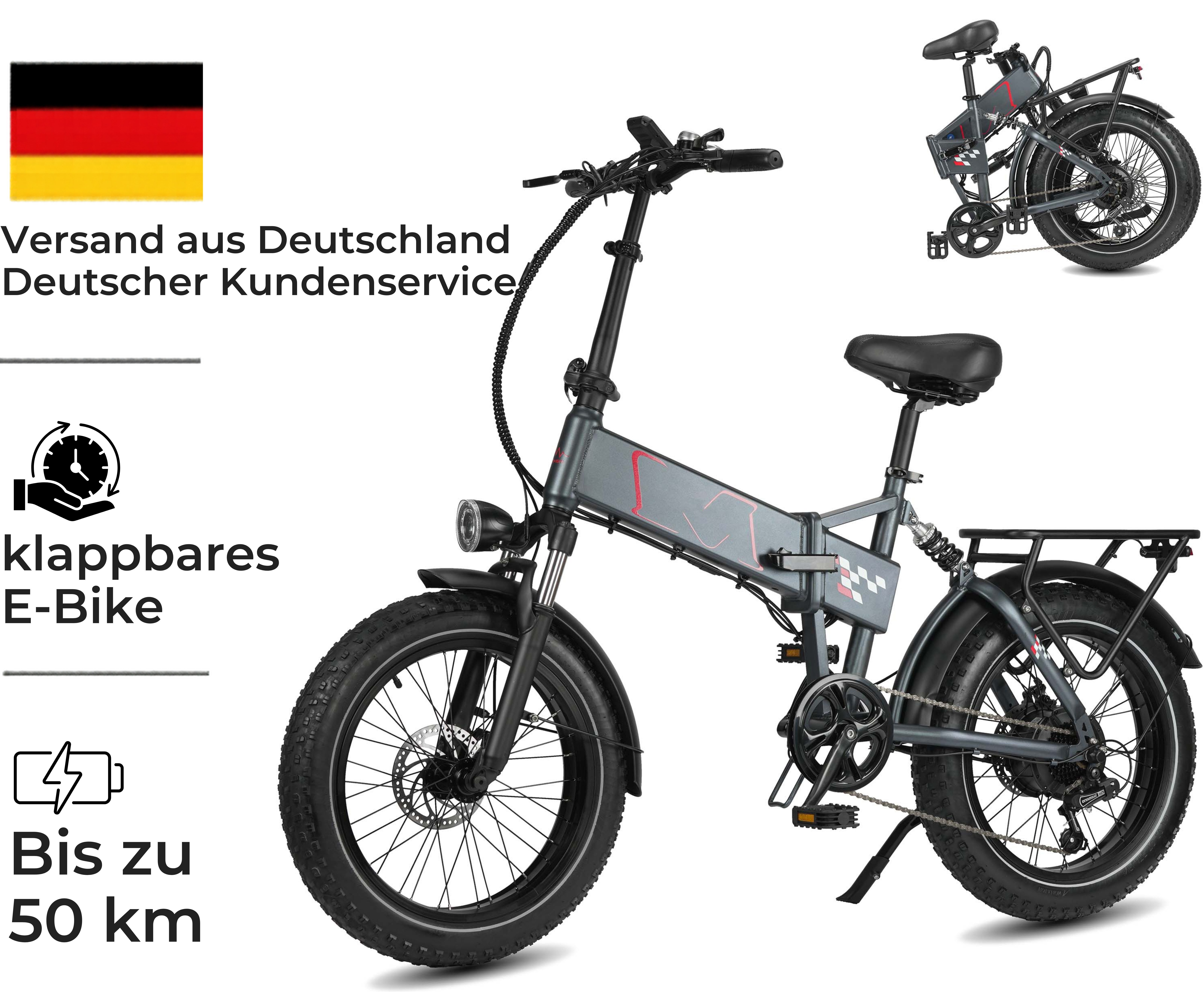 PIXAR E-Bike Cityrad 20 Zoll Fatbike E-Bike 48V 13Ah faltbar Shimano 7-Gang City Pedelec, Heckmotor, 624 Wh