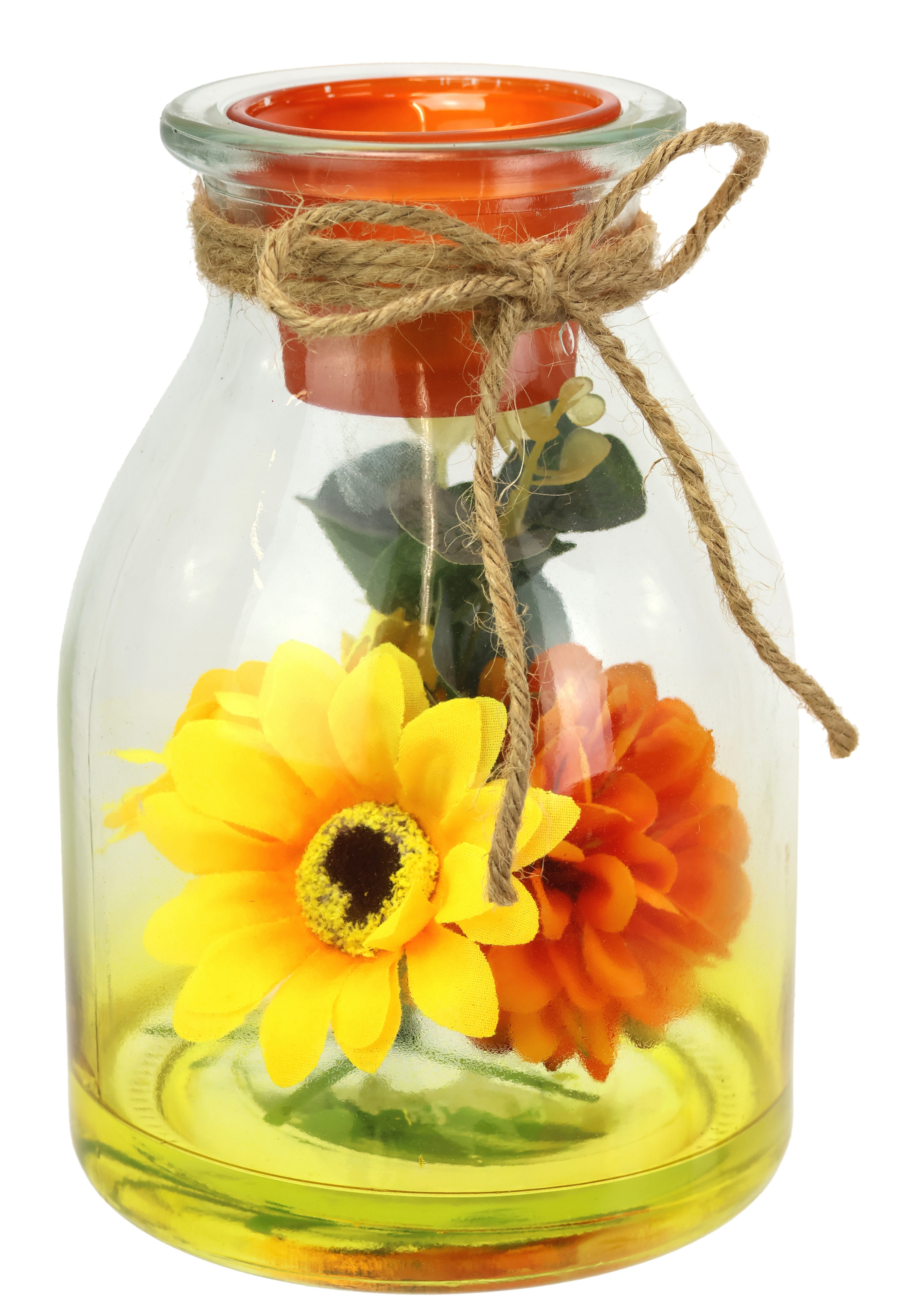 I.GE.A. Teelichthalter Teelichthalter aus Glas mit Teelichtkerze (1 St), Herbstlich dekoriert mit Sonnenblume Dahlie Eukalyptus Kerze Windlicht