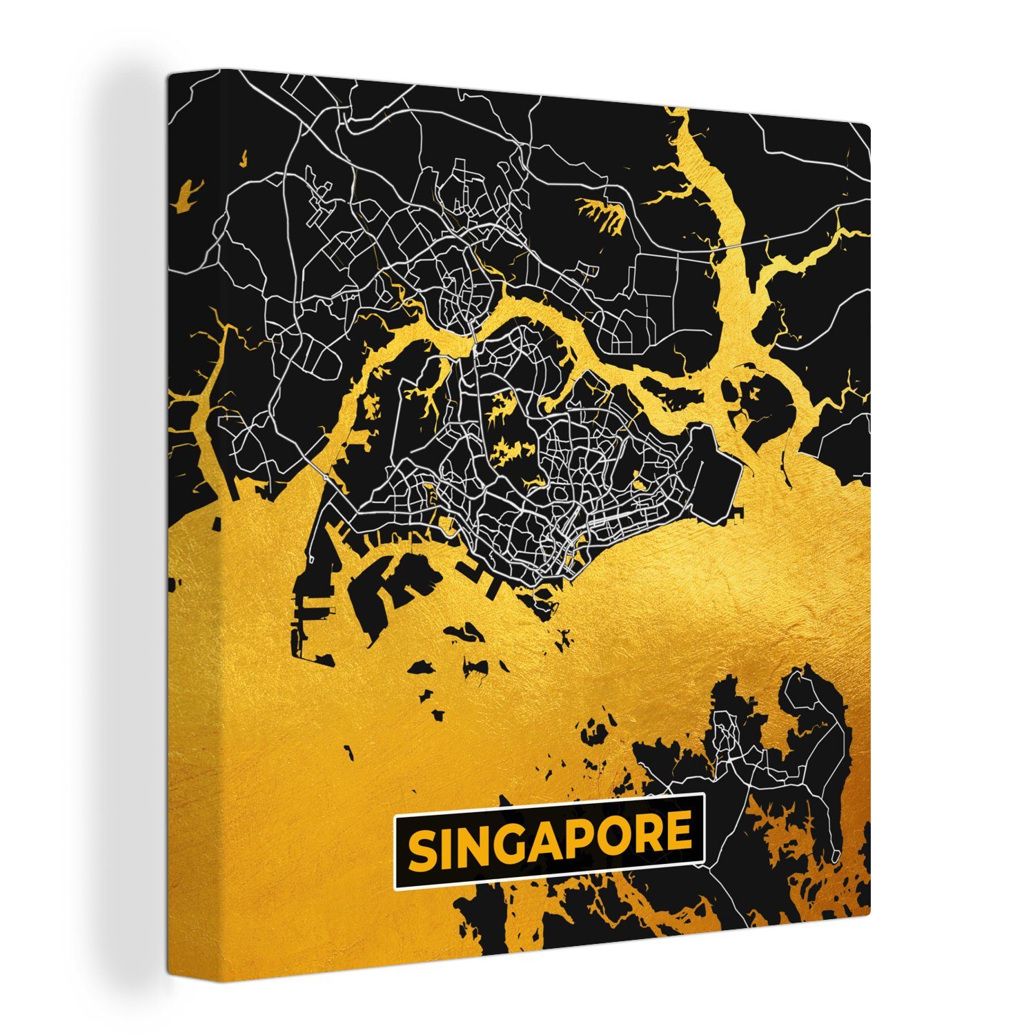 OneMillionCanvasses® Leinwandbild Singapur - Gold - Karte - Stadtplan, (1 St), Leinwand Bilder für Wohnzimmer Schlafzimmer