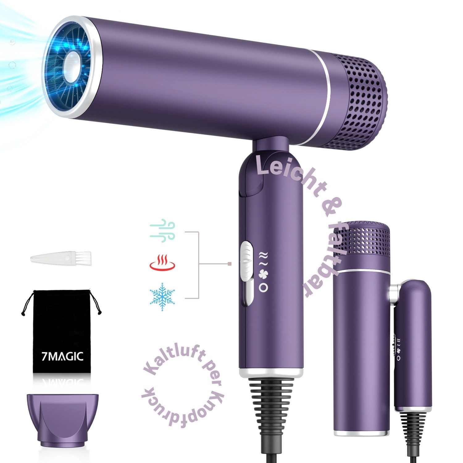 7MAGIC Reisehaartrockner, 1600,00 W, Ionic Haartrockner,Professioneller Haartrockner,mit Stylingdüse schmal