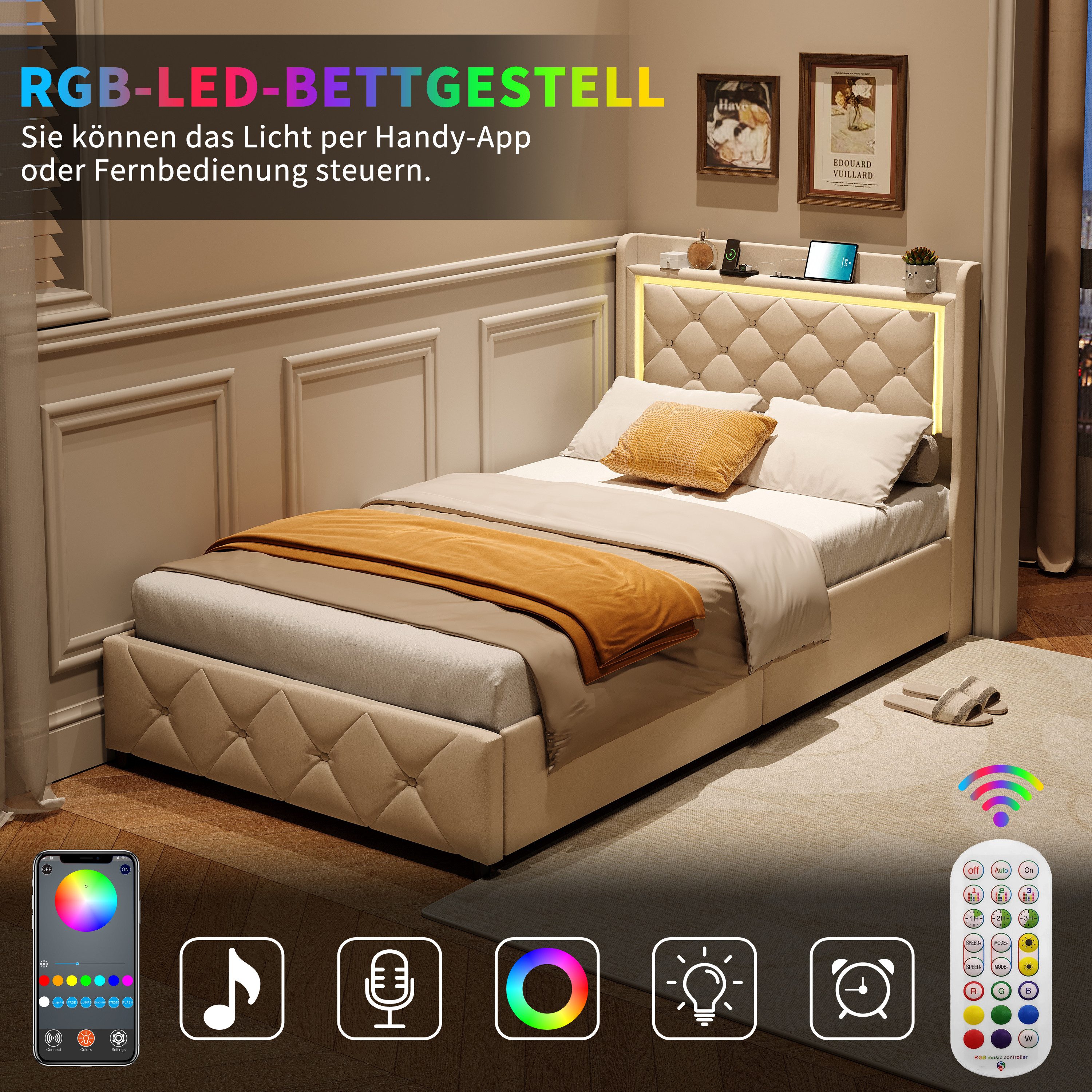 Simurq Polsterbett Einzelbett 90x200 mit 2 Schubladen, Jugendbett, Gästebett, Bettgestell, Mit LED und Ladeanschluss, Mit Lattenrost – Bild 2 von 5
