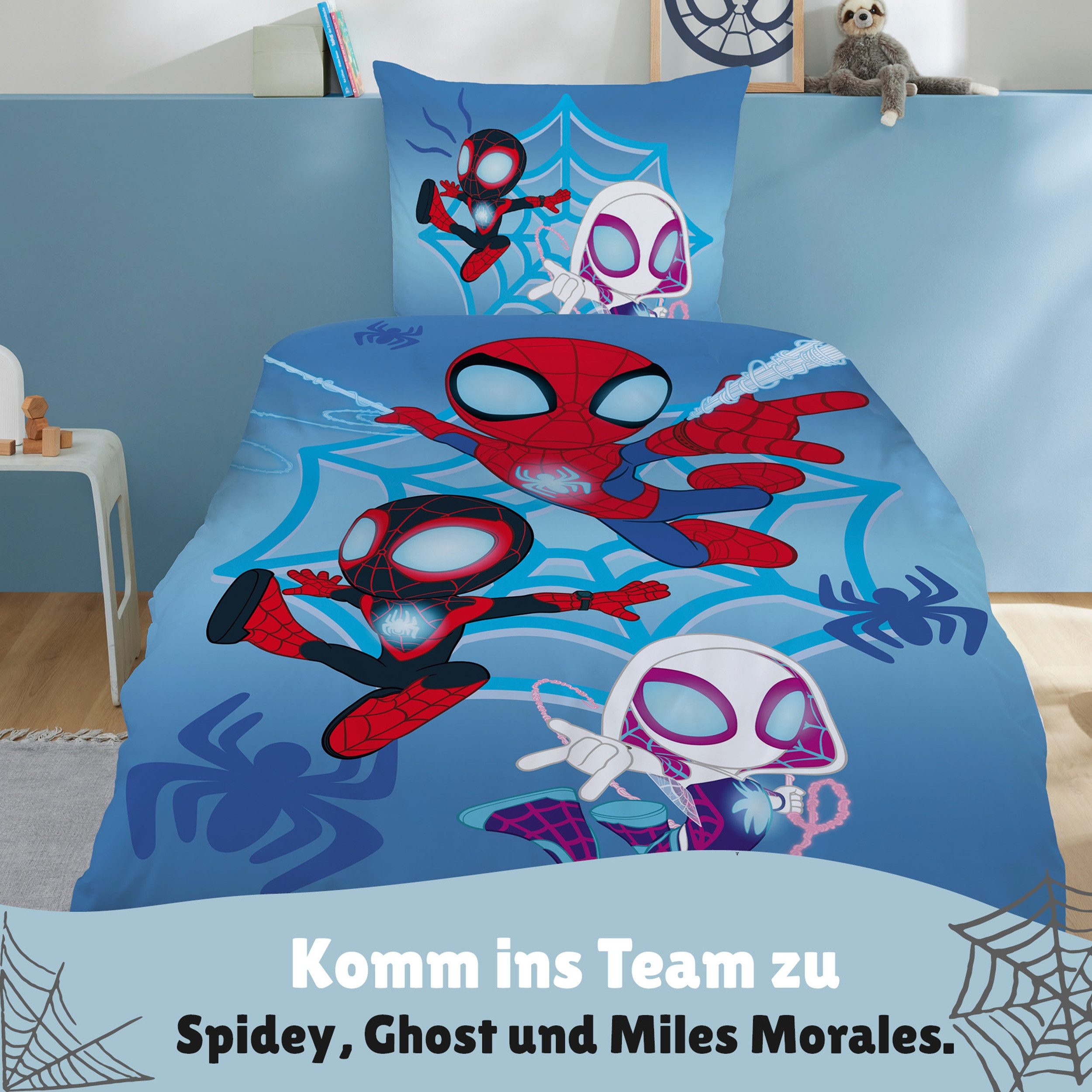 Familando Kinderbettwäsche Spidey und seine Super Freunde 135x200 80x80 cm aus 100% Baumwolle, Renforcé, 2 teilig, mit Wendemotiv auf Kissen und Decke – Bild 3 von 5