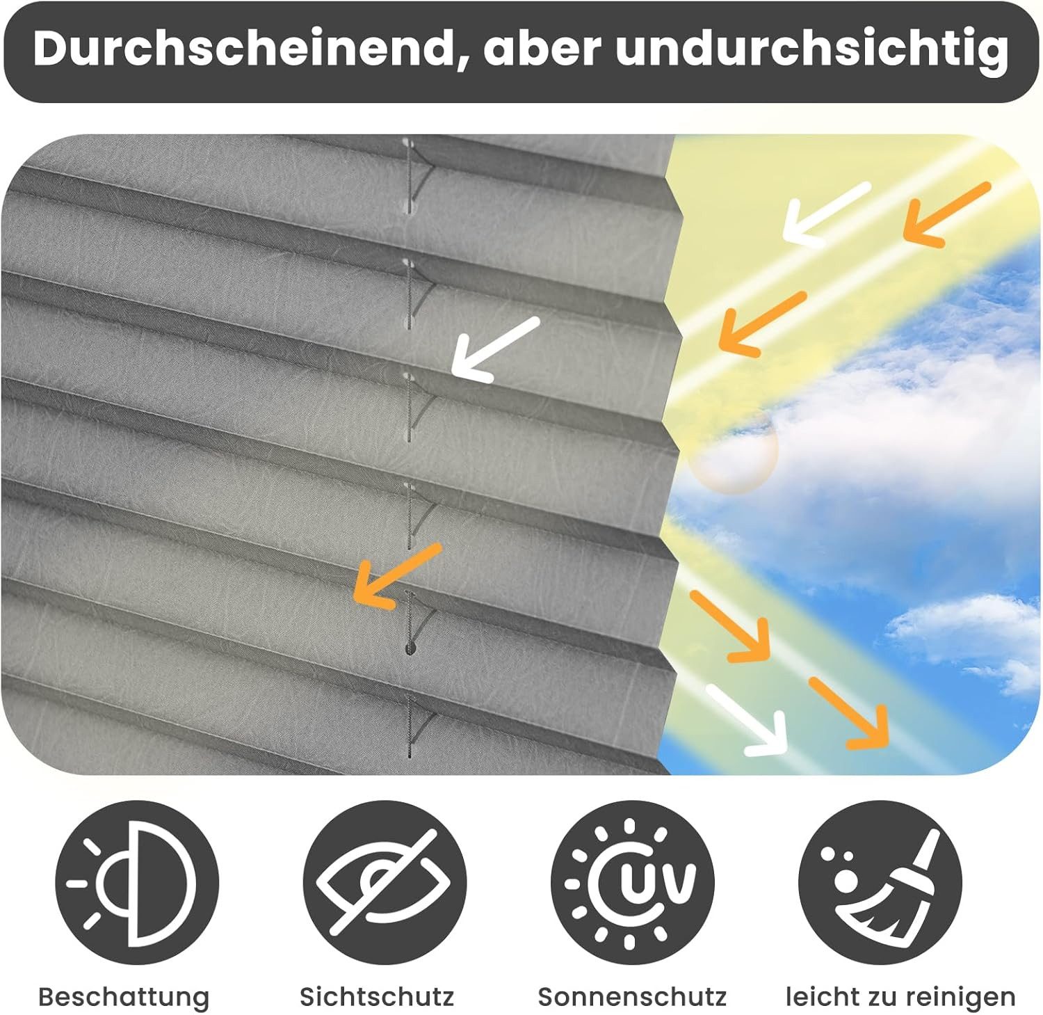 Woltu Plissee, halbtransparent, Saugnäpfen, mit Saugnäpfen, Mit Vakuum-Saugnäpfen, Faltrollo innen lichtdurchlässig Sonnenschutz