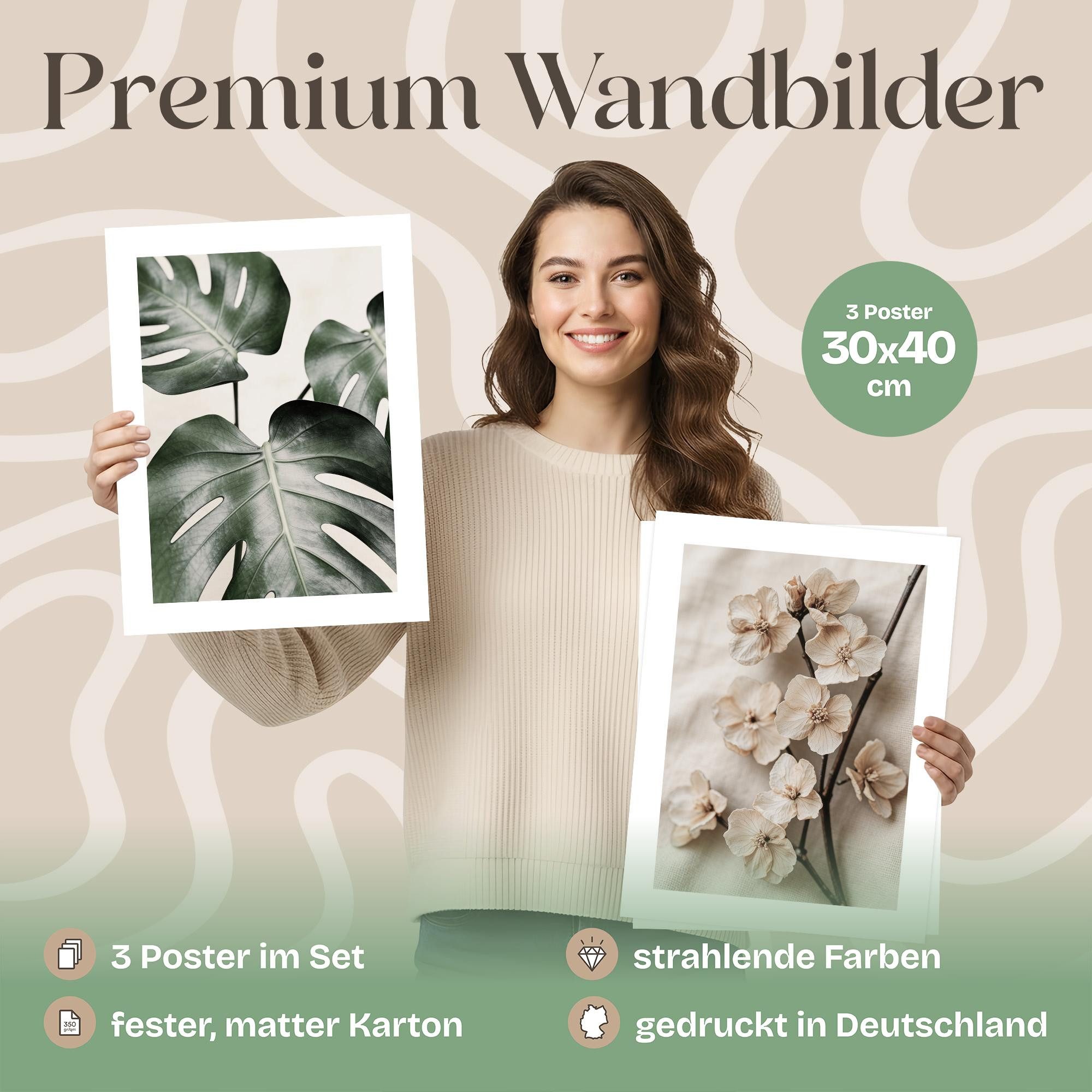 ARTFAVES Bilder-Collage Poster Set Beige Green Calmness Trio I mehrteilige Bilderwand I Wandbi, (Wandbilder modern, 3 St)