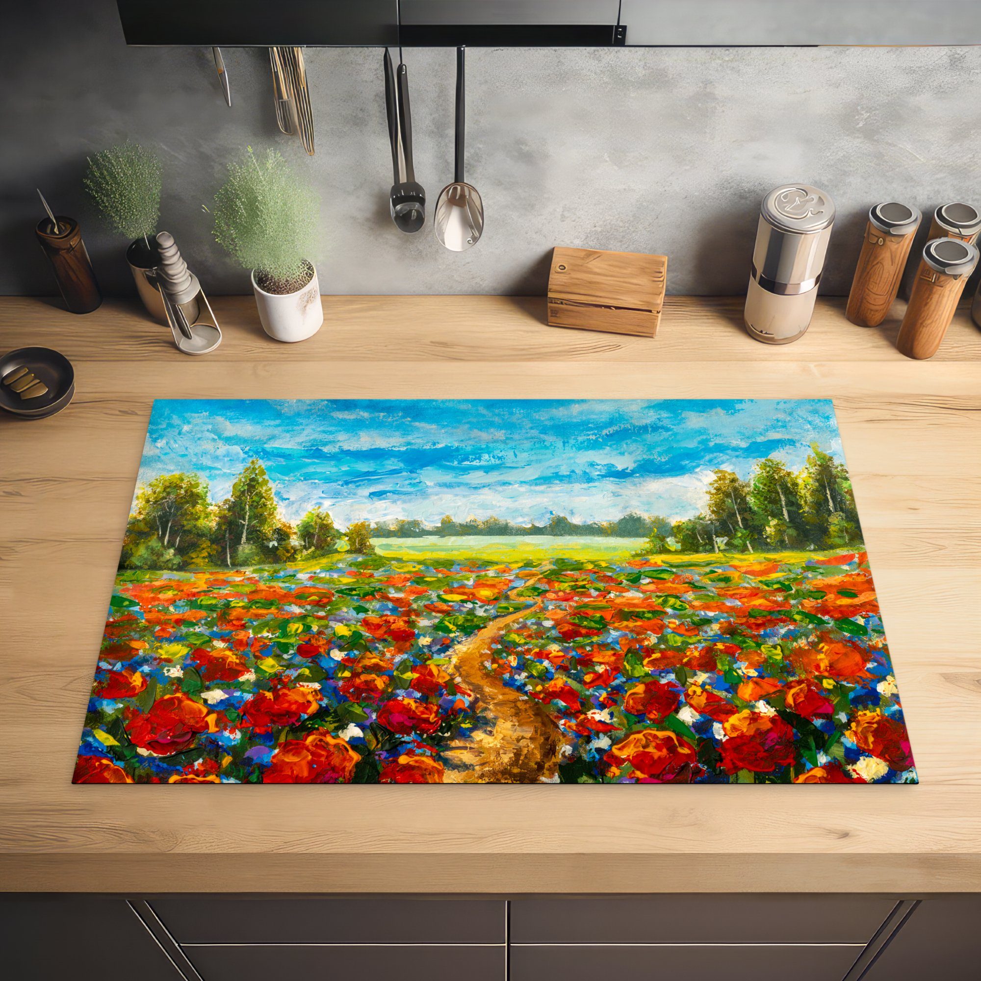 Schutz - cm, (1 Ölfarbe die küche, tlg), für Vinyl, Landschaft, Blumen Herdblende-/Abdeckplatte Ceranfeldabdeckung - MuchoWow Malerei 81x52 - Induktionskochfeld