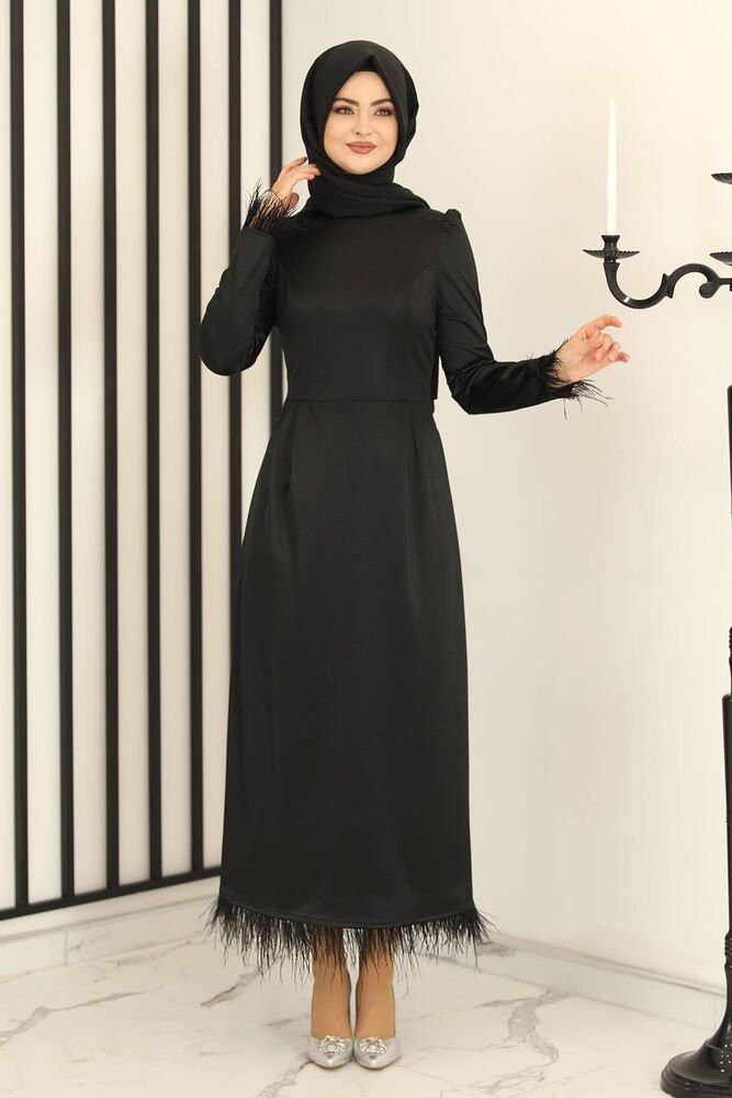 fashionshowcase Satinkleid Damen Abendkleid schlicht Abiye Abaya Modest Fashion Federdetails am Saum und an den Ärmelabschlüssen
