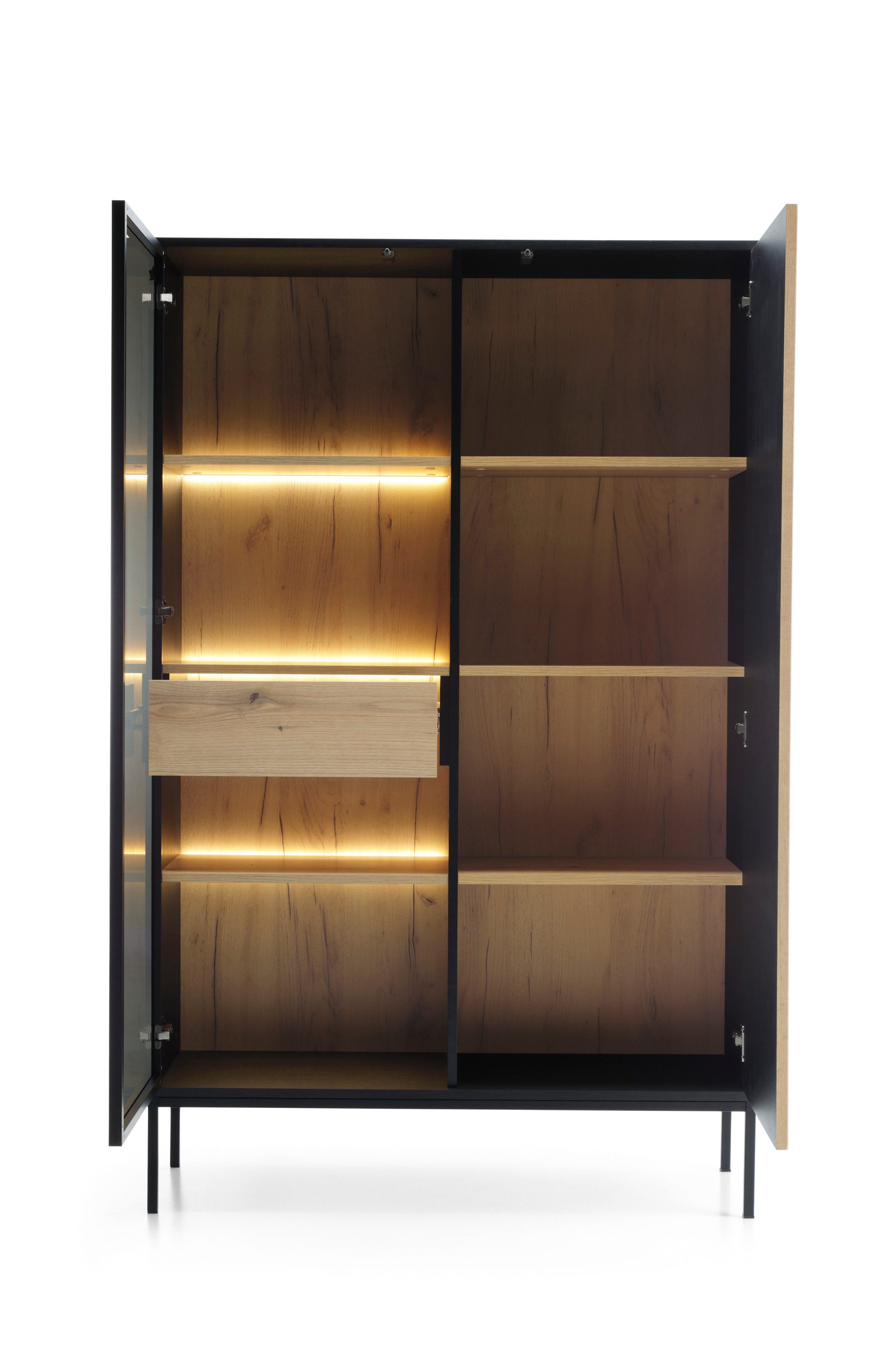 yourhouse24 Vitrine SANTIA 104 cm Industrial-Vitrine – Eiche & Schwarz mit LED