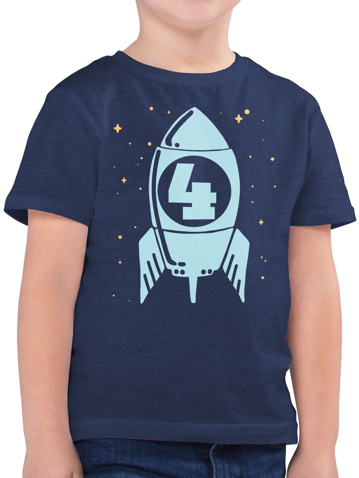 Shirtracer T-Shirt Rakete mit Sternen Vier blau 4. Geburtstag 1 Dunkelblau Meliert | 