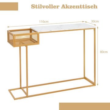 COSTWAY Konsolentisch, schmal, Mamor, mit Korb, gold, Metall, 110x30x80cm