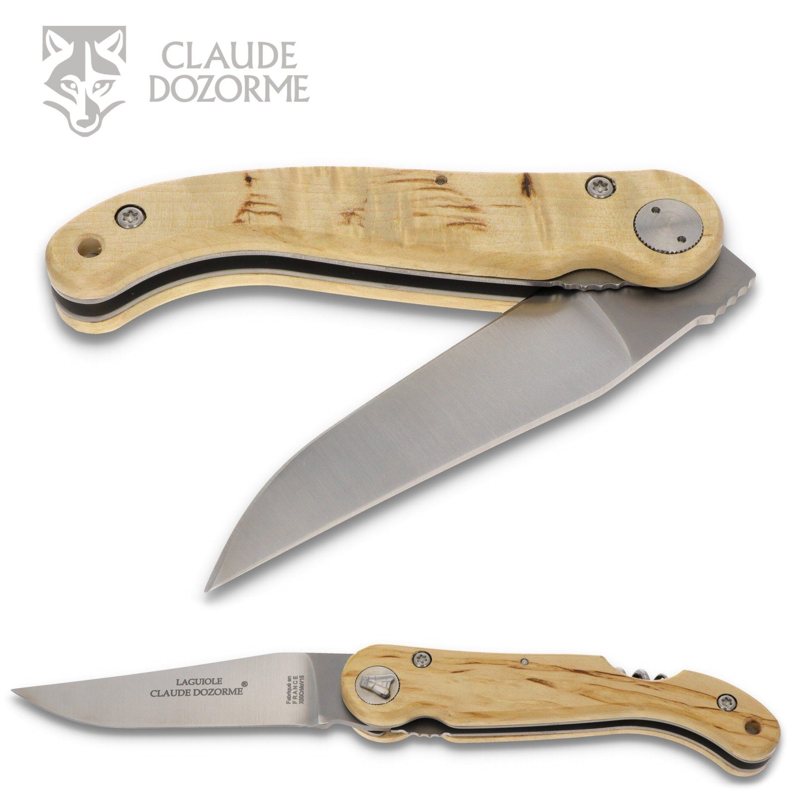 Claude Dozorme Taschenmesser 1.10.129.66, Laguiole Baroudeur - Griff 12cm Birke - Korkenzieher - Stahl satiniert