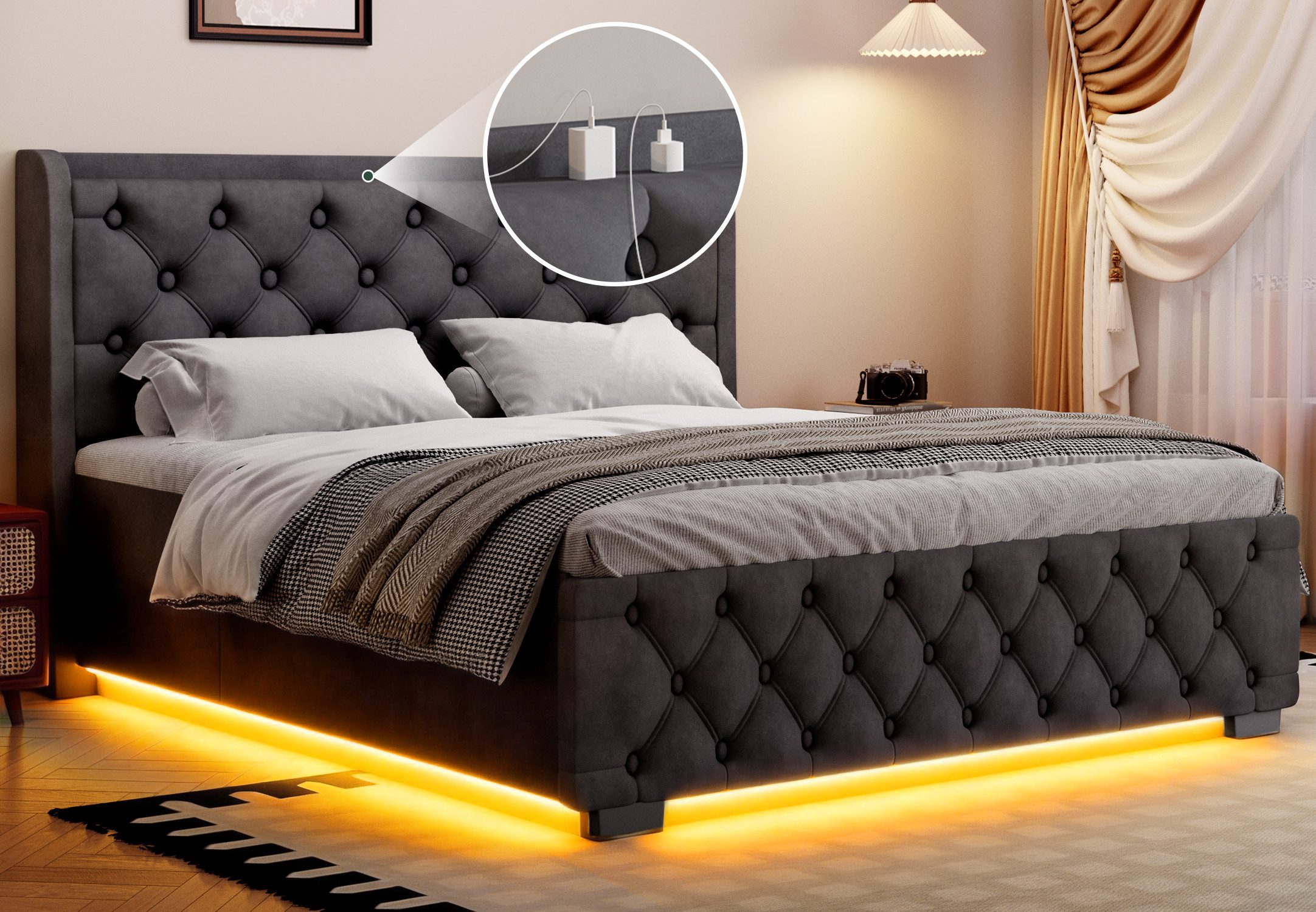 Lexzurn Polsterbett Doppelbett 140x200 cm,mit LED-Licht und Ladeanschluss (hydraulisches Speicherbett (680-Liter-Stauraum, Metallrahmen und Massivholz-Lattenrost,geräuscharmes Design), USB-Anschluss/Doppelsteckdose, Aufladen ohne Aufstehen), Samtstoff