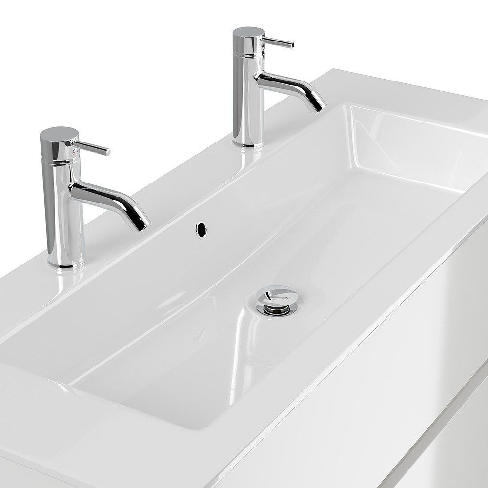 Lomadox Badmöbel-Set LIVIGNO-02, (Spar-Set, 6-St., LED-Spiegel Waschtisch Hochschrank Hängeschränke), in weiß Hochglanz mit LED-Beleuchtung