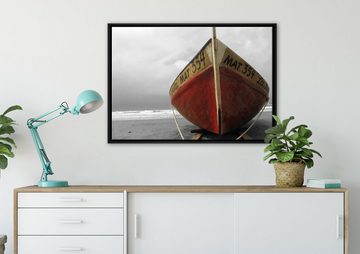 Pixxprint Leinwandbild kleines Segelboot am Strand, Wanddekoration (1 St), Leinwandbild fertig bespannt, in einem Schattenfugen-Bilderrahmen gefasst, inkl. Zackenaufhänger