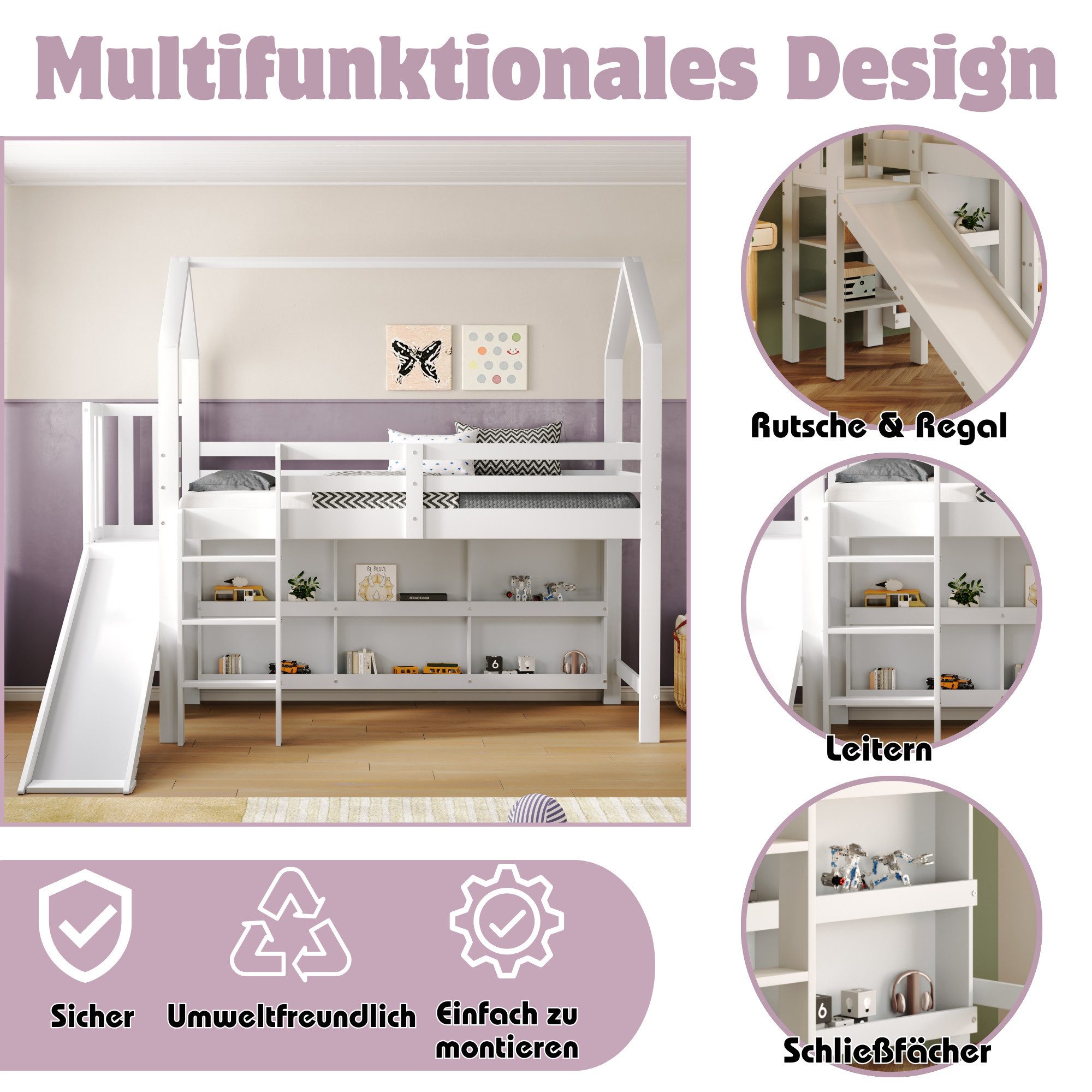 Flieks loft bed, children's bed 90x200cm with slide, ladder and movable wardrobe