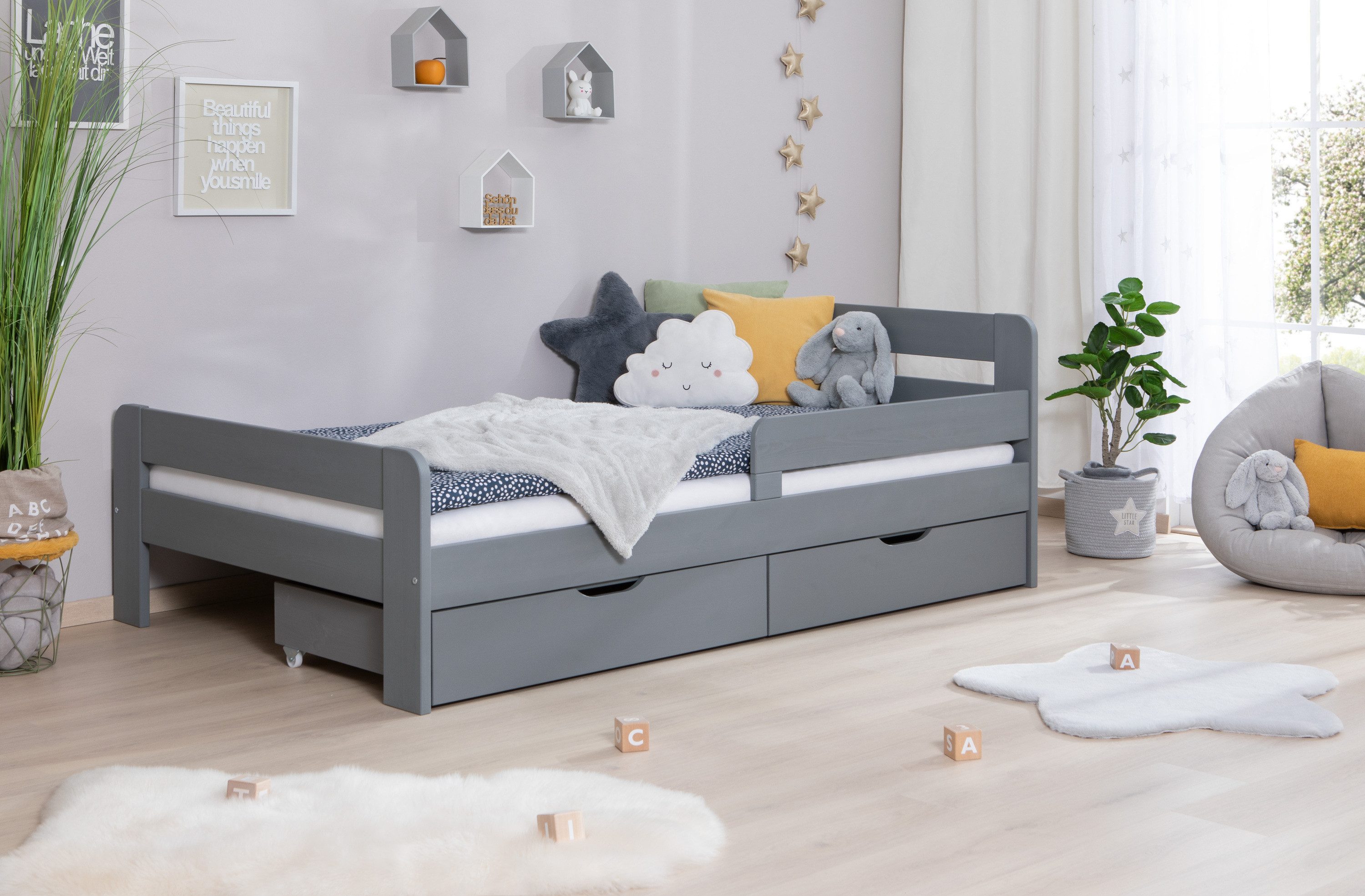 Ticaa Bettgestell Einzelbett Kinderbett Jugendbett "Bennet" mit, Einzelbett inkl. Rausfallschutz – Bild 3 von 5